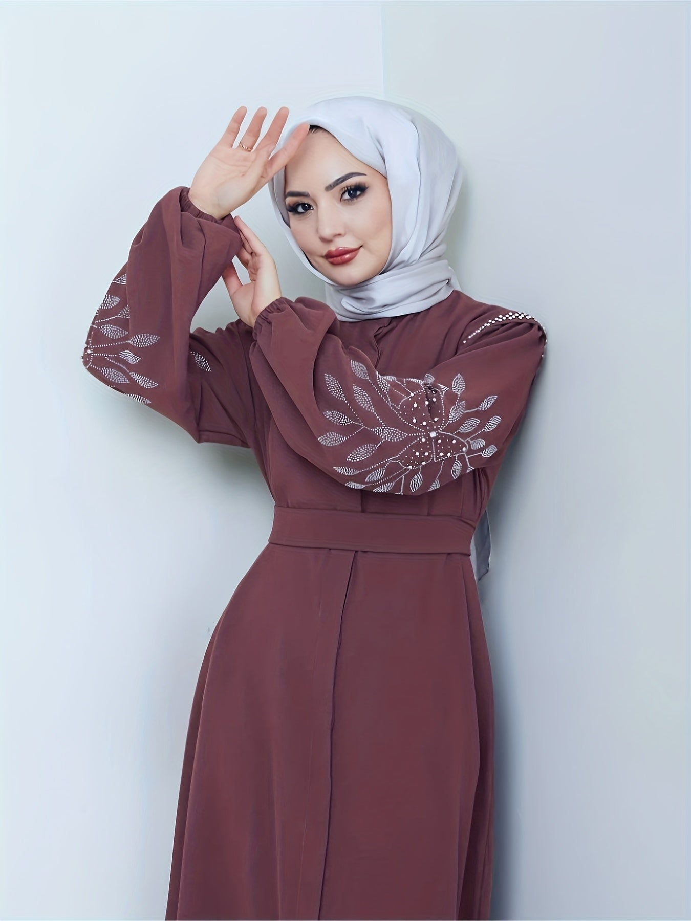 Elegant Middle Eastern-Inspired Rhinestone & Pearl Embellished Long Palestinian Abaya Dress - 100% Polyester Solid Black Floor-Length with Belt, Hand Wash Only for Modest Women
