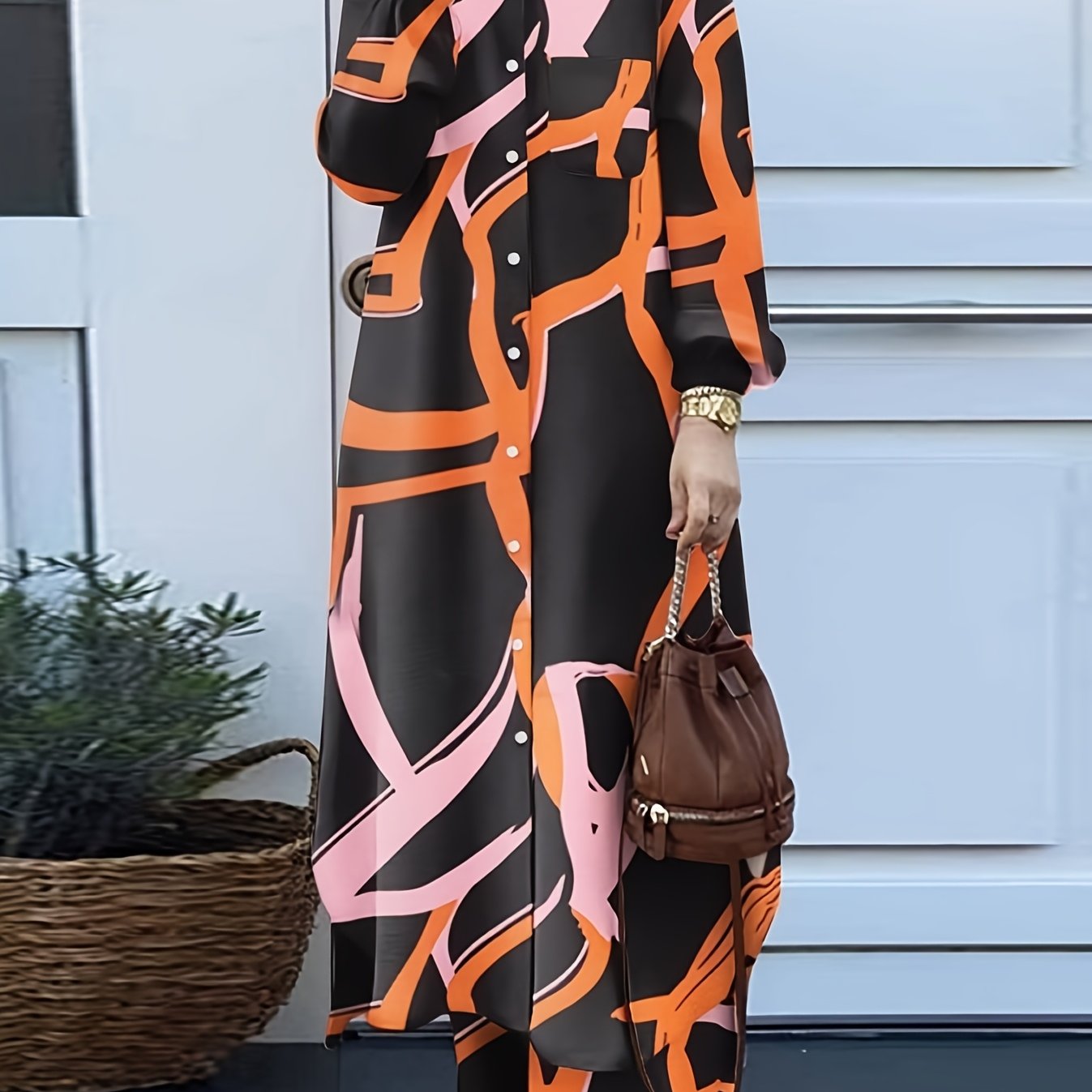 Elegant Geometric Print Pakistani Abaya with Long Sleeves and Button Front - Stylish Muslim Fashion, All-Season Wear, Pants and Top Set, Allseason Abaya|Geometric Print Abaya|Long Sleeve Top