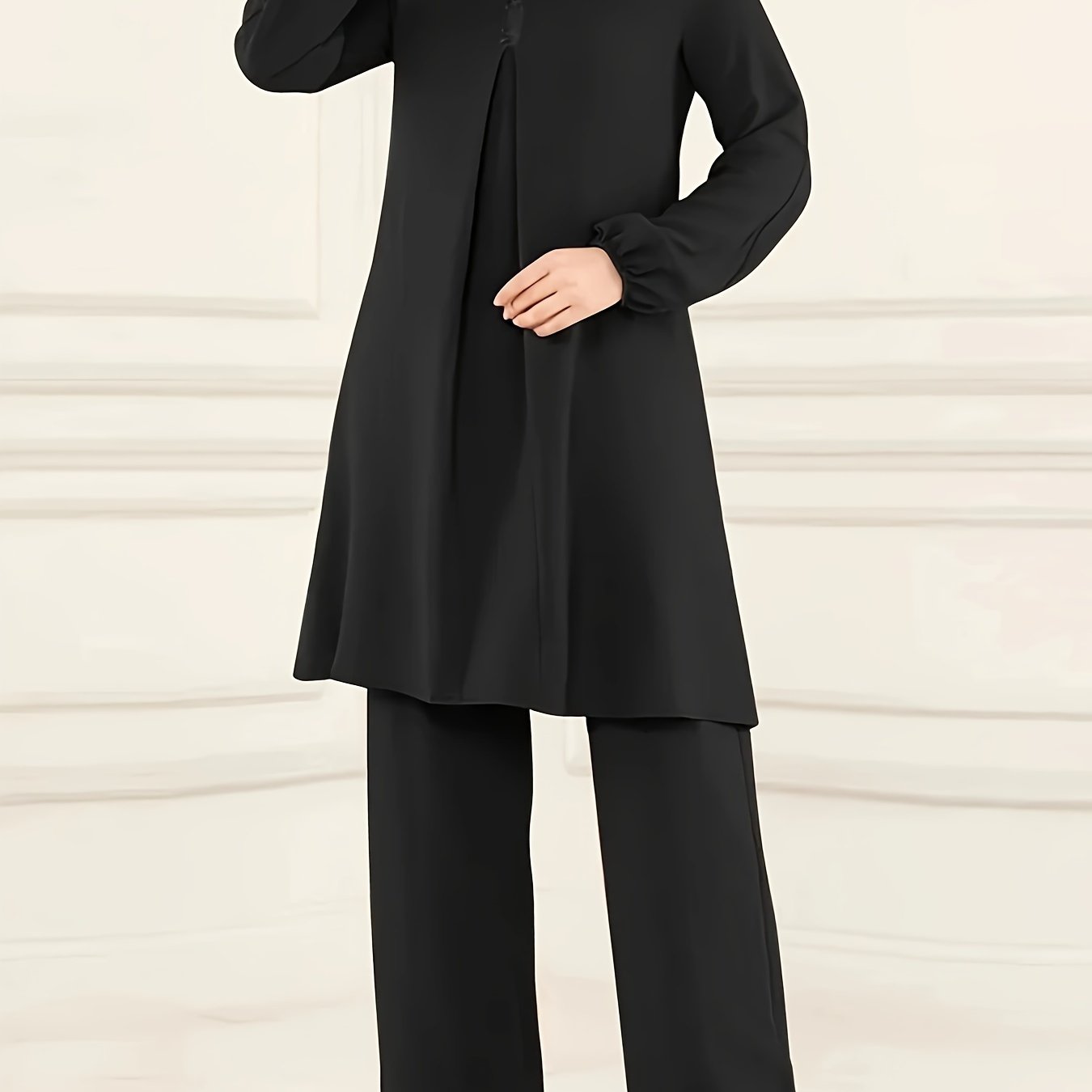 Ramadan Elegant Pure Muslim Two Piece Set, Long Sleeve Round Neck Top and straight-leg Pants Jilbaab Outfits, Women Clothing