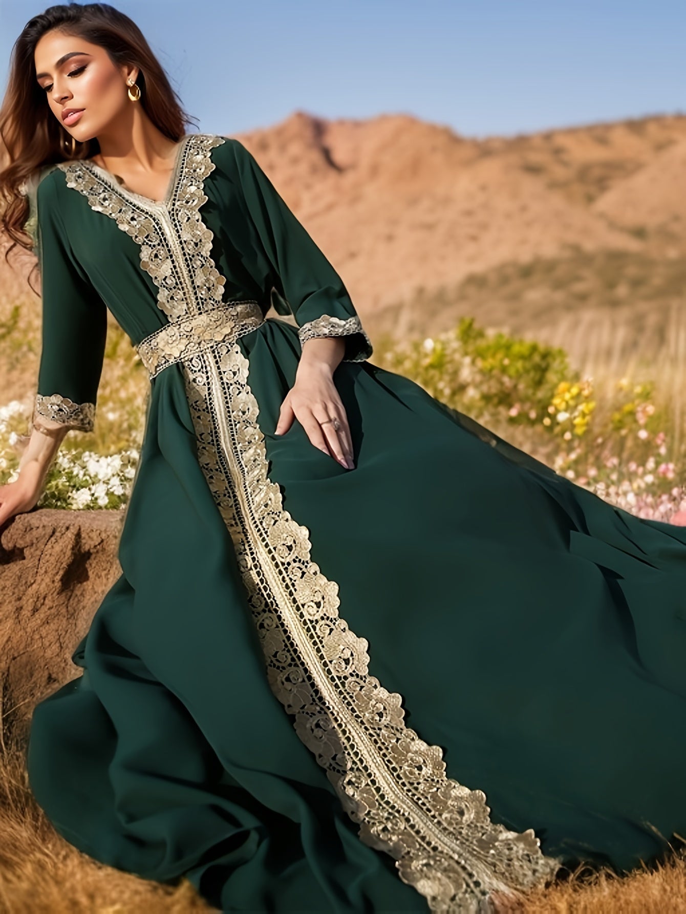Elegant Golden Contrast Lace Detail Maxi Palestinian Abaya - V-Neck, Long Sleeve, Polyester, Formal or Evening Wear for Women, Formal Occasion Attire | Lace Detailing | Polyester Fabric