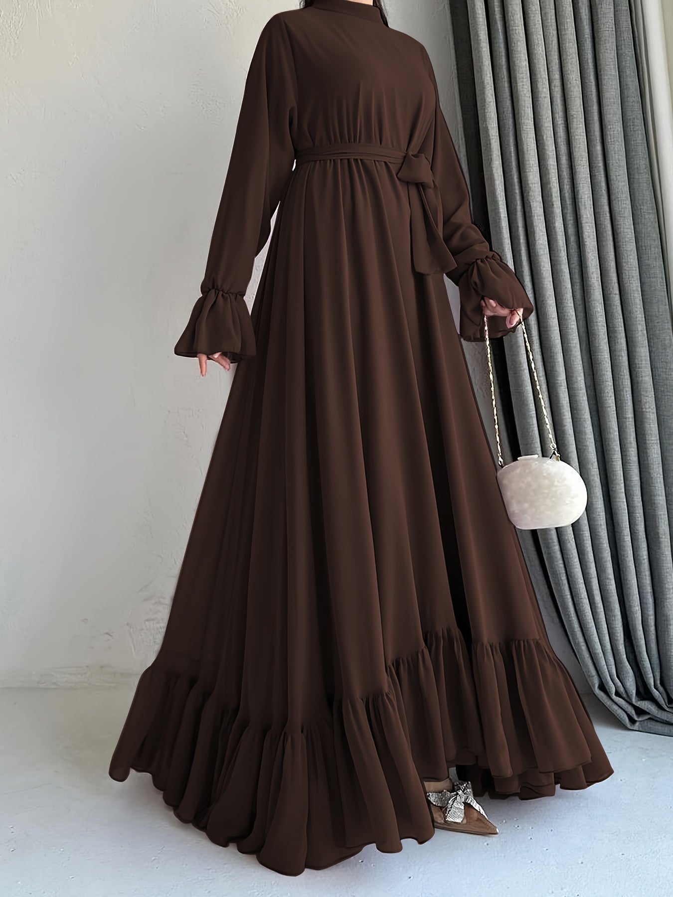 Stunning Solid Color Belted Peplum Maxi Dress - Elegant Palestinian Abaya for Women with Long Sleeves, Pleated Design, and Flattering Silhouette for Spring and Fall Seasons - Chic and Modest Clothing