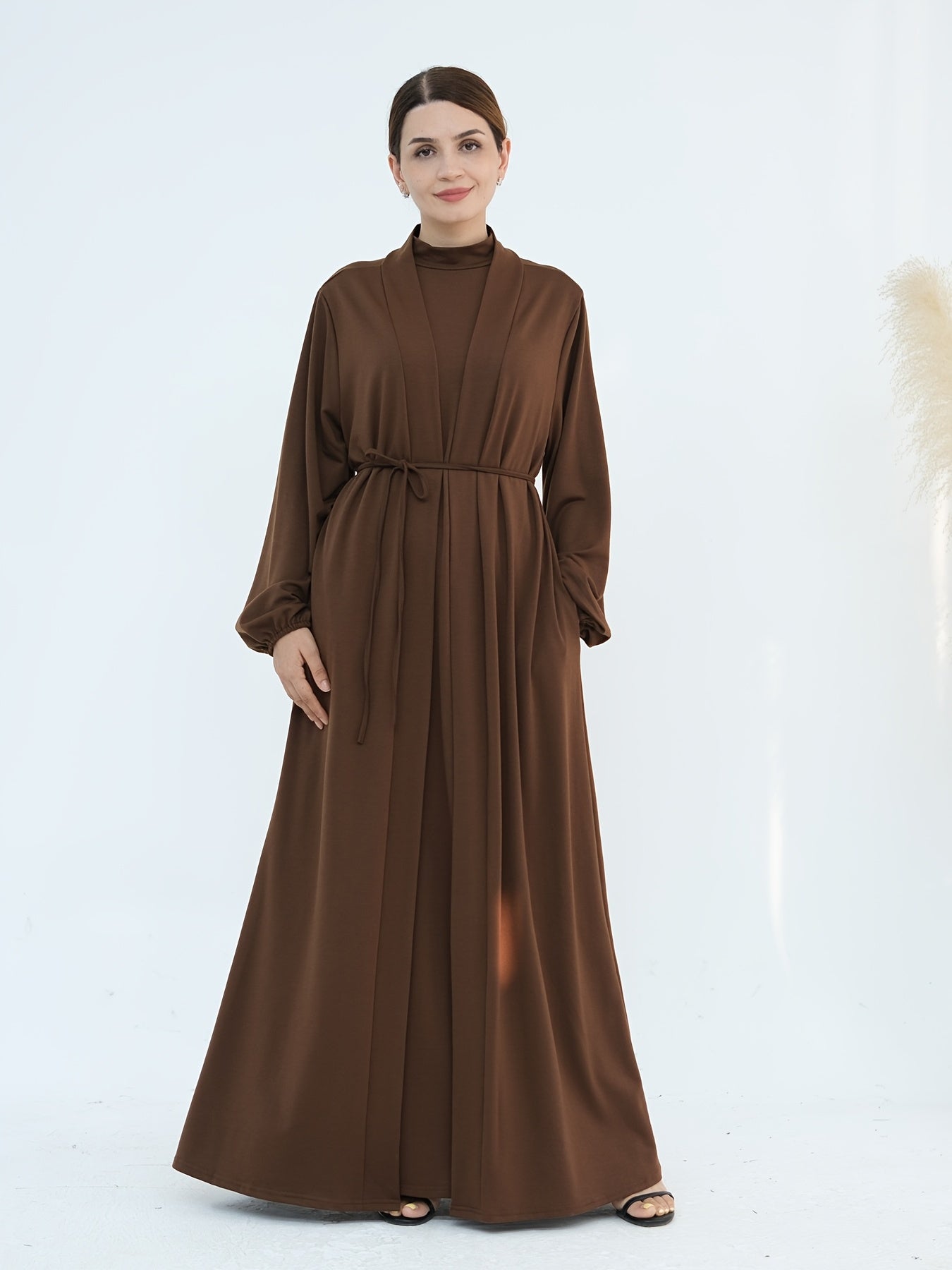 2pcs Solid Color Dress + Casual Round Neck Sleeveless Vest | Women's Clothing, Long Sleeve Arabic Abaya