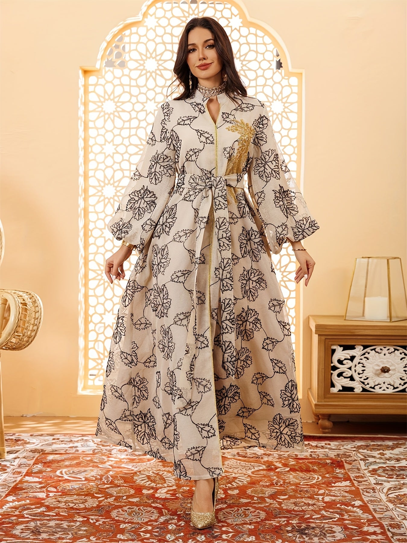 Dubai Floral Embroidery Belted Dress Belt included Lantern Sleeve Maxi Abaya Luxury Woman Evening Dresses Modern Kaftan 2025