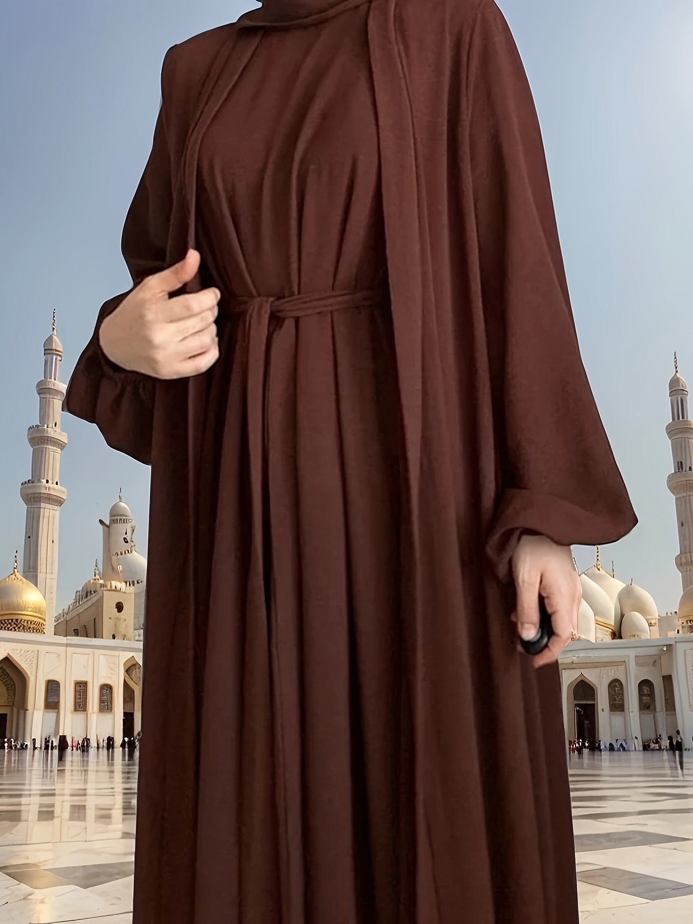 3pcs Elegant Open Arabic Abaya & Pocket Belt Abaya Set - Solid Color, Stretchy Polyester, Breathable for Spring/Summer - Ideal for Ramadan & Muslim Women, Lightweight Islamic Kaftan Dresse