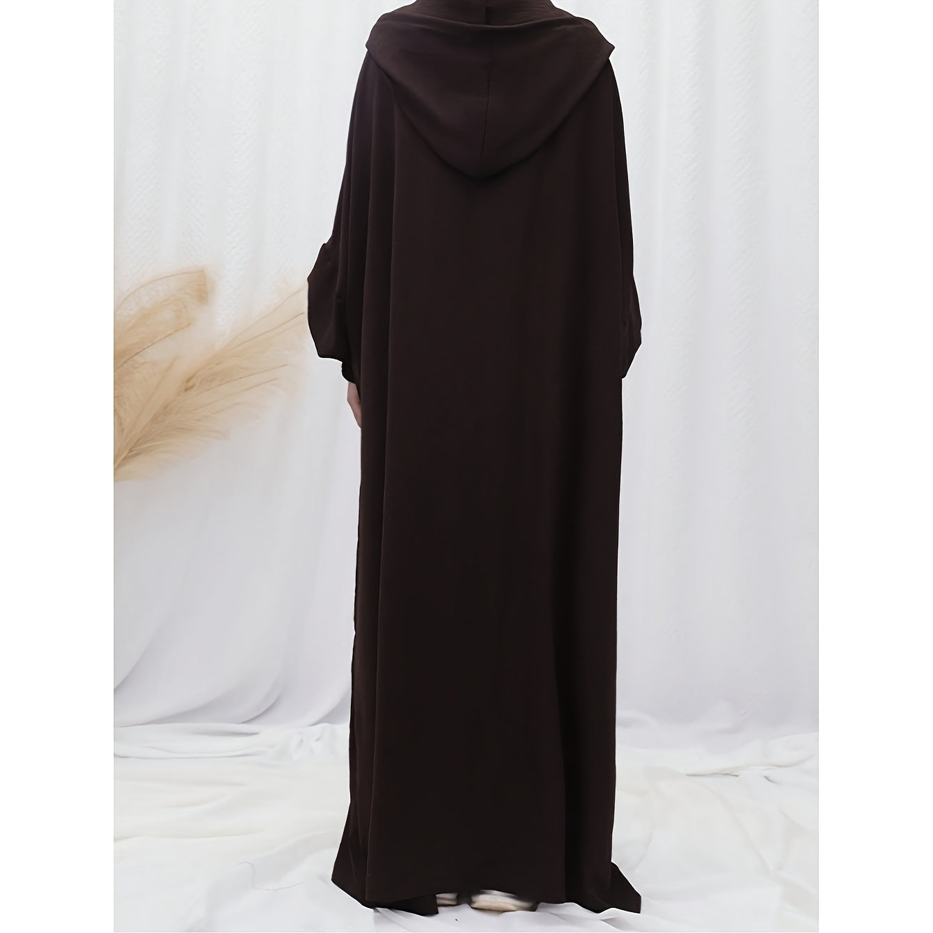 Elegant Solid Brown Crinkle Polyester Jibab Abaya with Hood - Breathable Loose Fit Women's Casual Hijab Dress for Outdoor Wear, Comfortable Wear | Flowing Garment | Smooth Texture