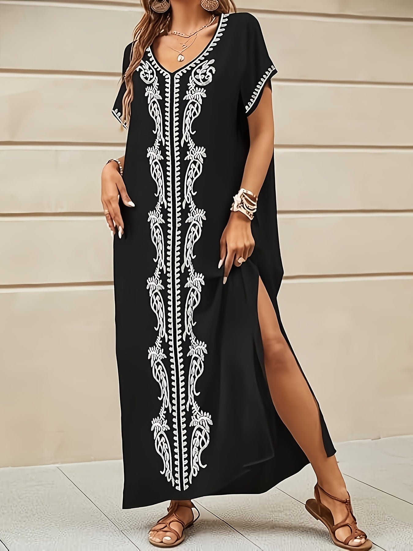 Embroidery Long Kaftans for Women Bathing Suit Cover Up V Neck Kaftan Loungewear Maxi Dresses Black