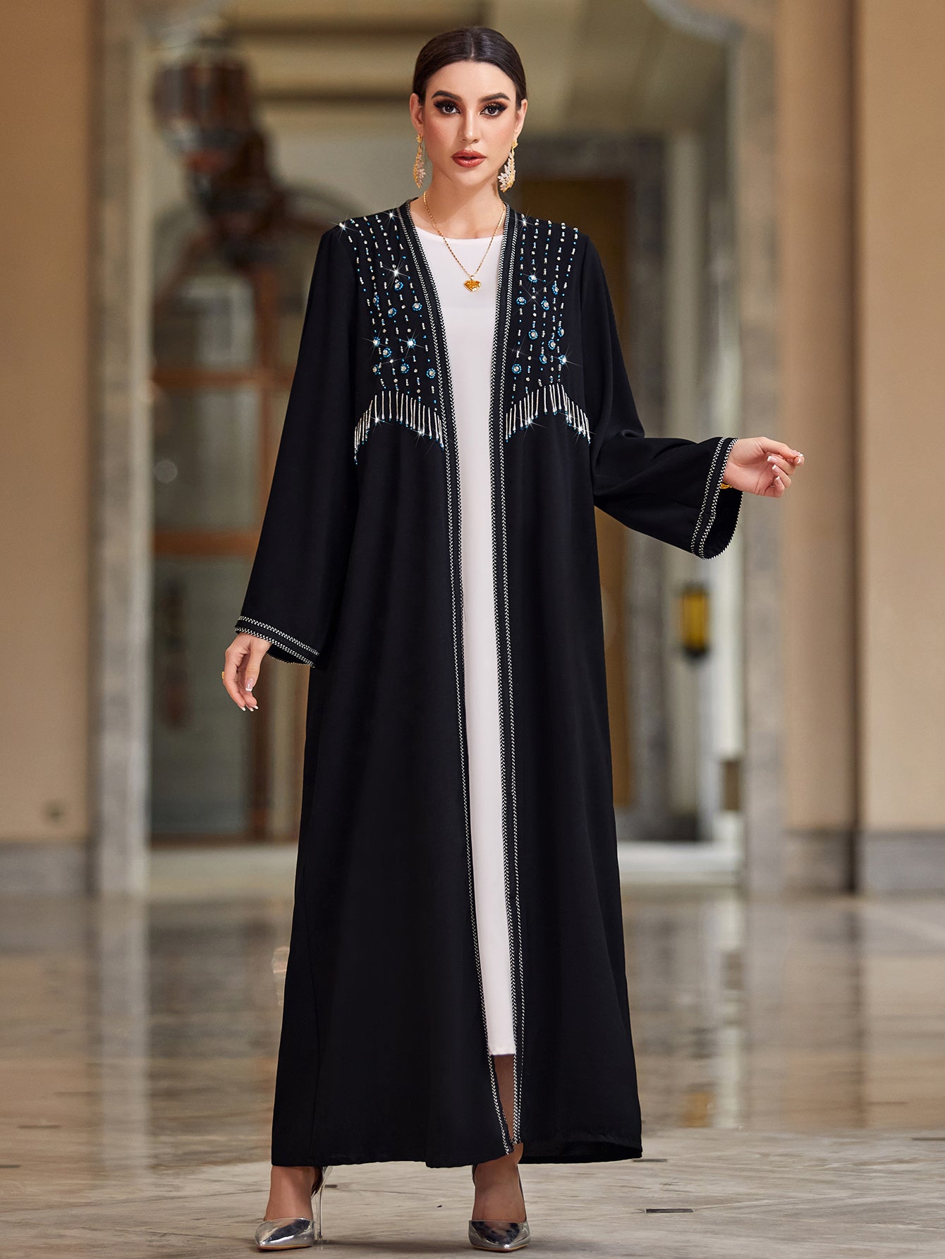 Elegant Black Rhinestone Embellished Maxi Dress for Women - Sleeveless, Open Front Abaya, High-Low Hem, Stretchy Polyester Blend, Perfect for Casual Family Gatherings & Formal Events