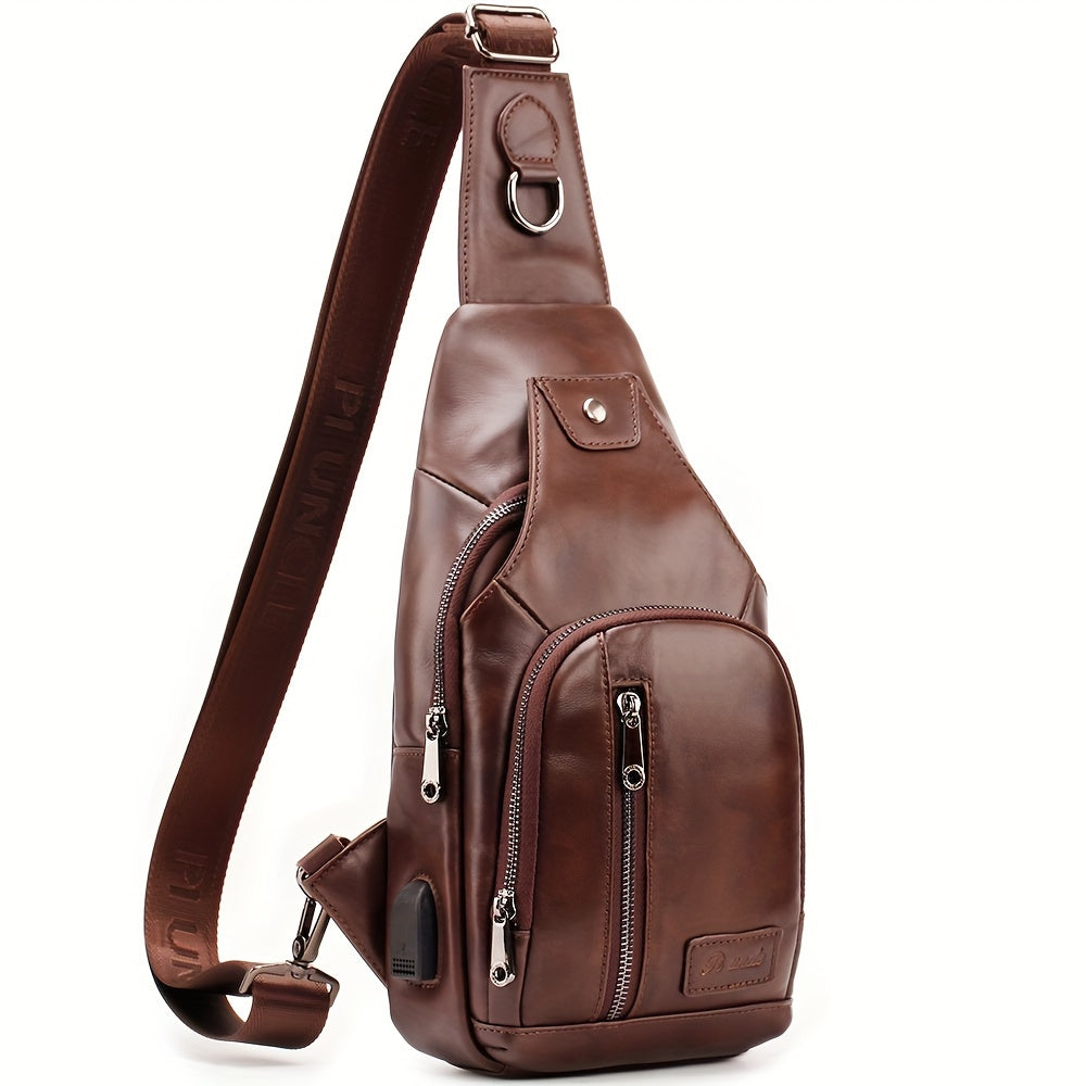 Outdoor Leisure Large Capacity Leather Men's Sling Bag Shoulder Crossbody Bag Chest Soft Leather Hanging Bag