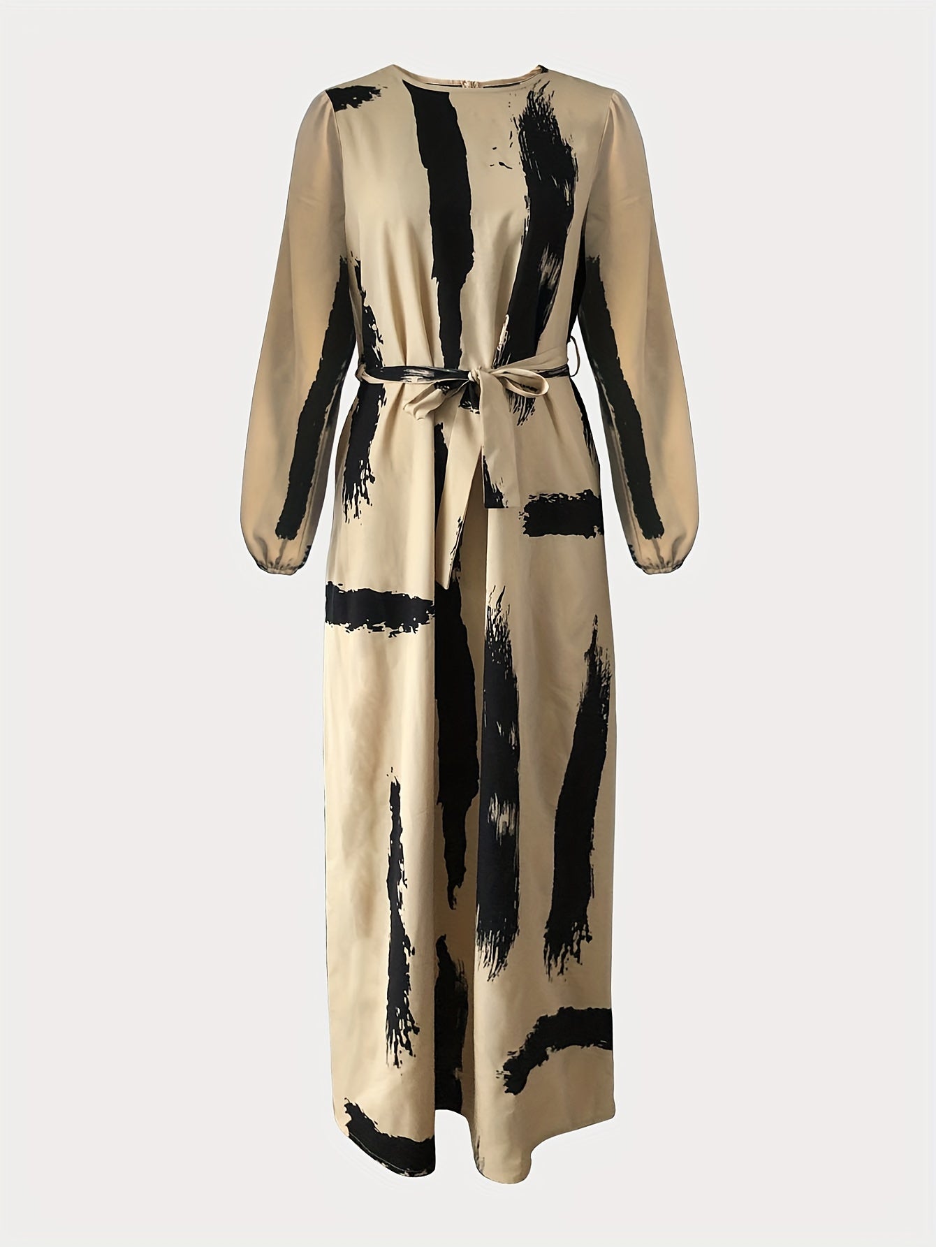 Navy Blue & Orange Print Women's Arabic Traditional Kaftan Abaya Dress | Long Sleeve Knee-Length Machine Washable Fitted Silhouette for Modest All-Season Wear, Middle Eastern Attire