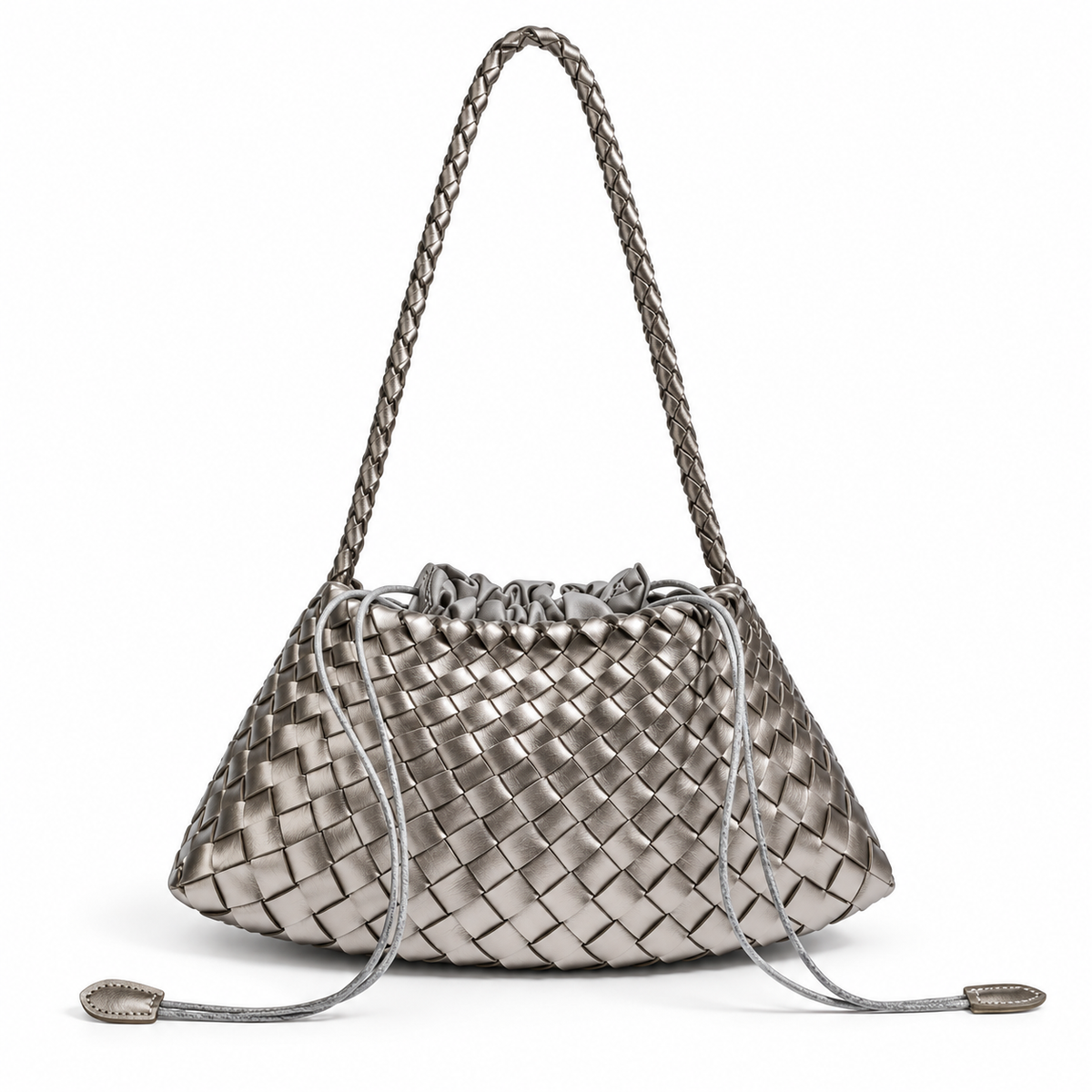 Metallic Silver Woven Drawstring Shoulder Bag