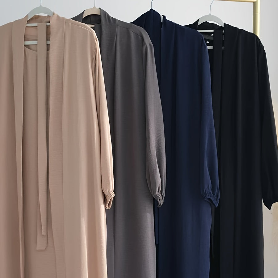 3pcs Elegant Open Arabic Abaya & Pocket Belt Abaya Set - Solid Color, Stretchy Polyester, Breathable for Spring/Summer - Ideal for Ramadan & Muslim Women, Lightweight Islamic Kaftan Dresse