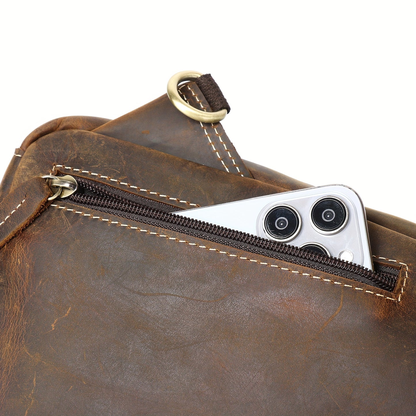 Full Grain Cowhide Leather Vintage Sling Chest Shoulder Bag Retro Hiking Crossbody Casual Daypack - Durable & Stylish - For Men & Women