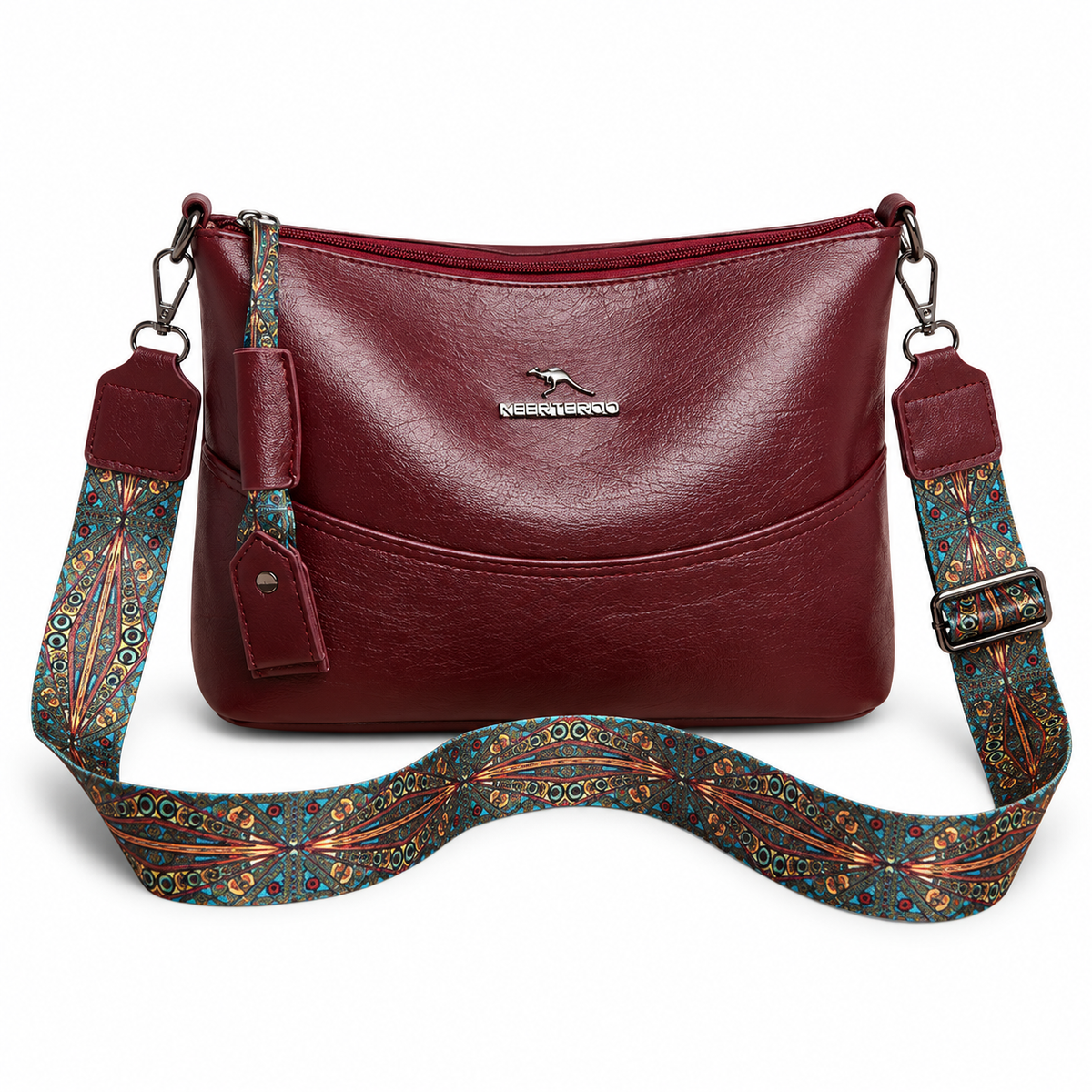 Burgundy Crossbody Bag With Patterned Strap