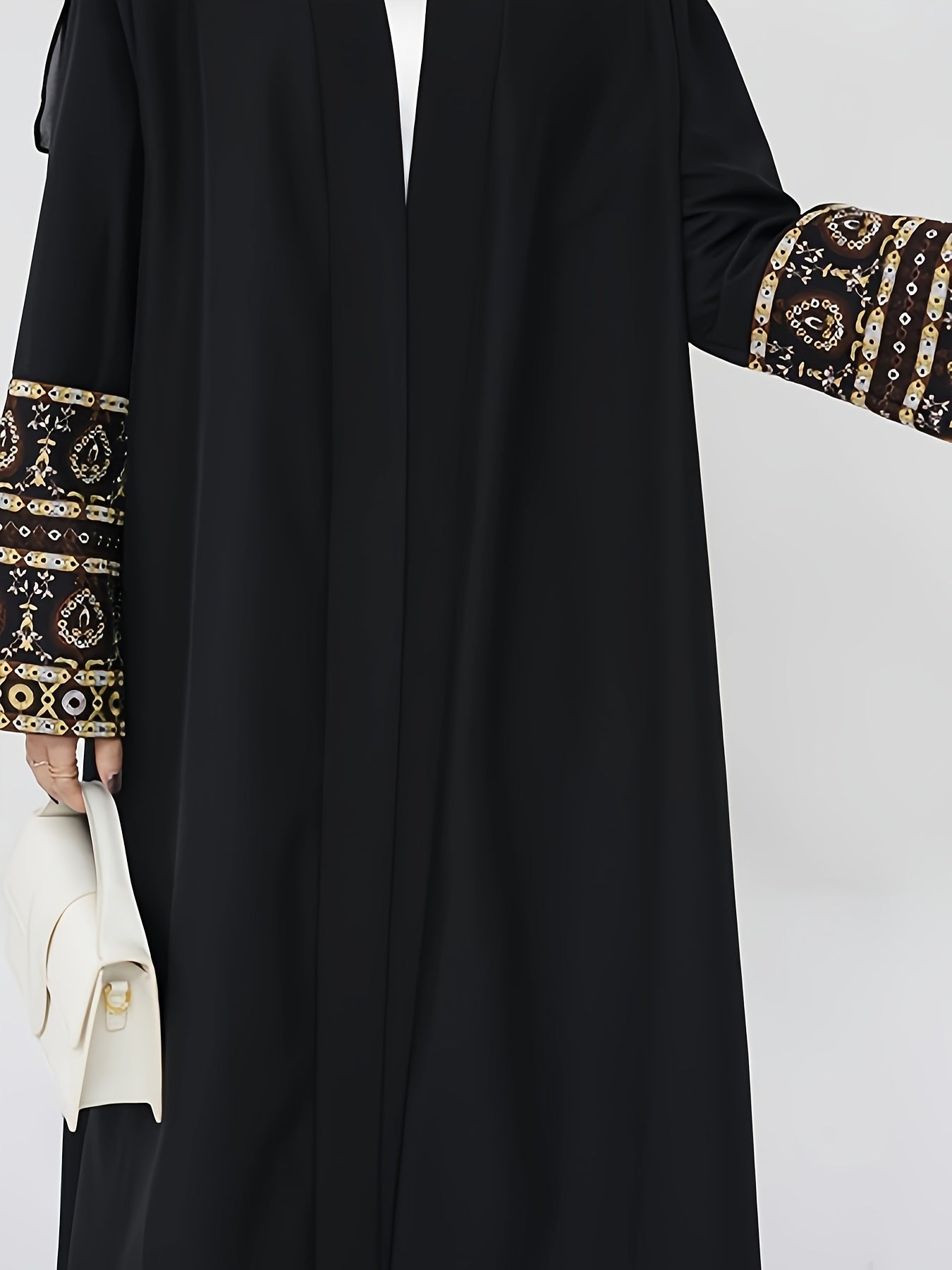 Elegant Middle Eastern Turkish Abaya Robe with Golden Embroidery - Black & White Contrast Traditional Islamic Dress, Machine Washable Lightweight Cover-Up for Spring Summer Fall, Modest Apparel