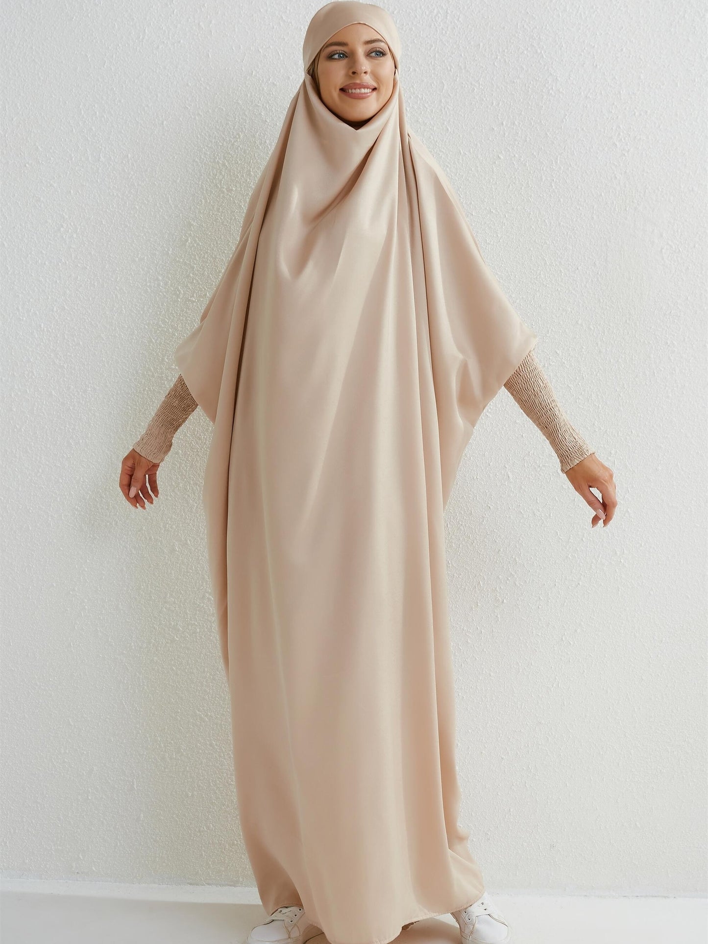 Women's Modest Jibab Abaya Dress with Hijab - Batwing Sleeves & Smocking Detail, Full-Length Prayer Robe, Islamic Clothing, Machine Washable Solid Color for Ramadan & Daily Wear, Allseason Robe, Hshaped Silhouette, Nontransparent F