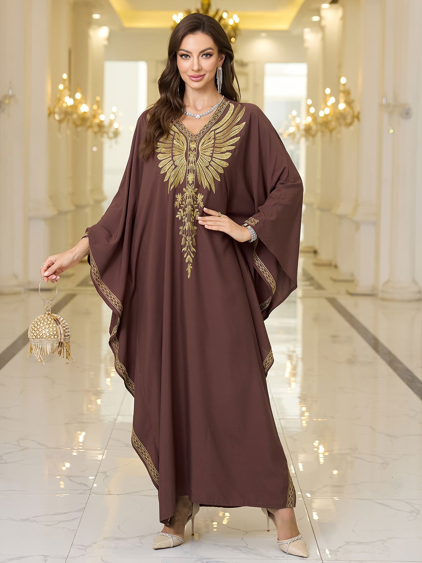 Elegant Plus Size Kaftan Dress with Embroidered Wings - V-Neck, Batwing Sleeves Abaya, Loose Fit Maxi Dress for Women - Suitable for Casual Wear, Parties & Special Occasions - Perfect Gift for Women