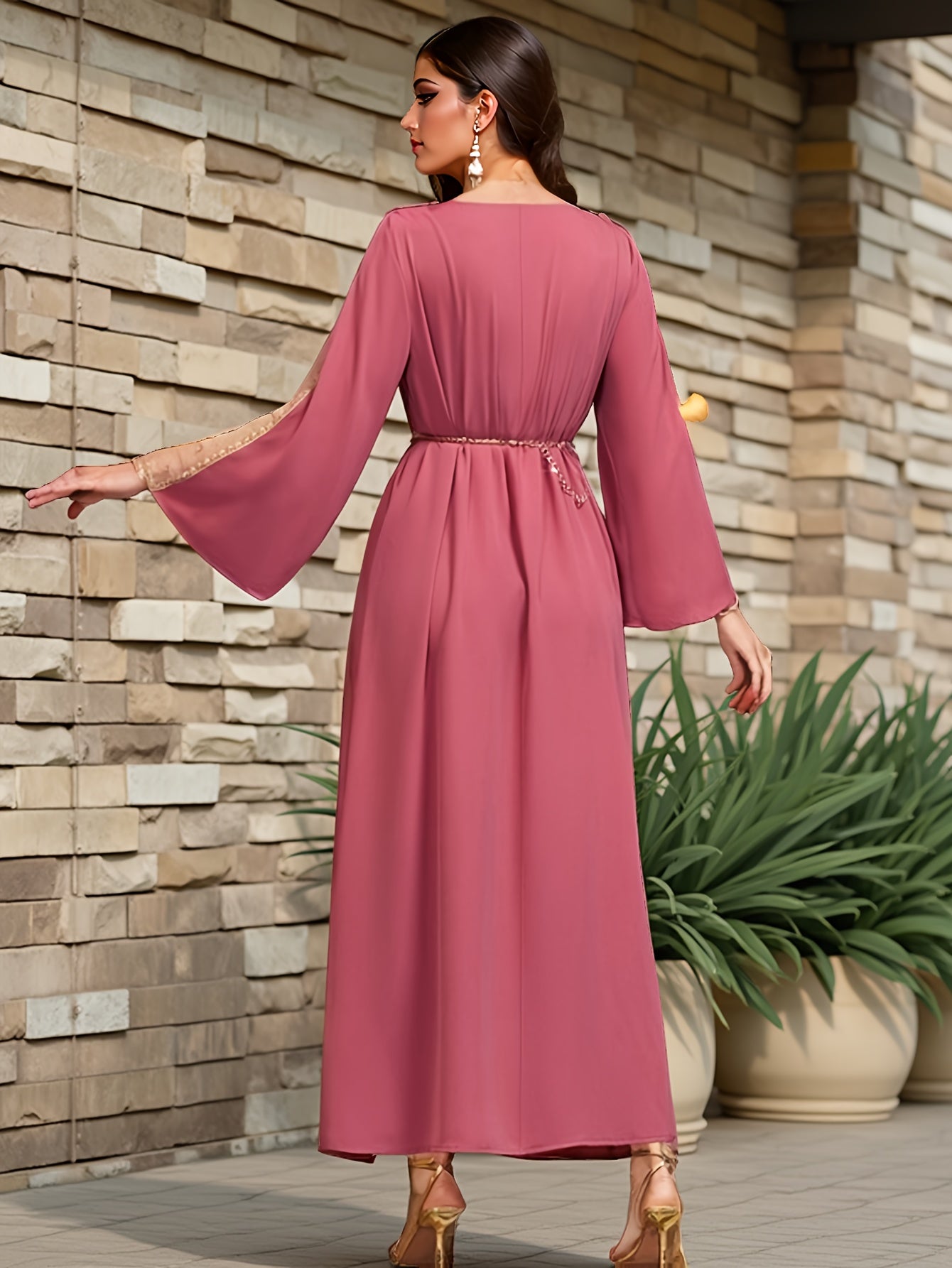 Women's Middle Eastern-Inspired Rhinestone-Embellished Long Sleeve Modern Abaya - Solid Peach Pink Polyester with Belt Detail, Elegant Spring/Summer Party & Casual Wear, Hand Wash Only