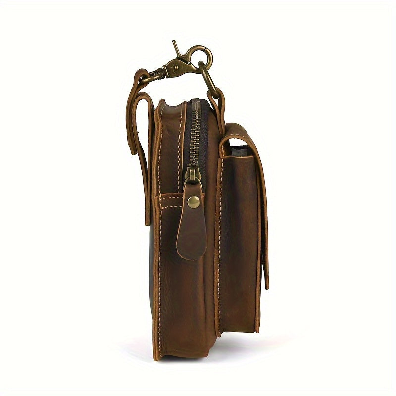 Men's Retro Genuine Leather Belt Bag - Anti-Theft Lightweight Belt Clip with Multiple Zippered Compartments for Phone & Essentials