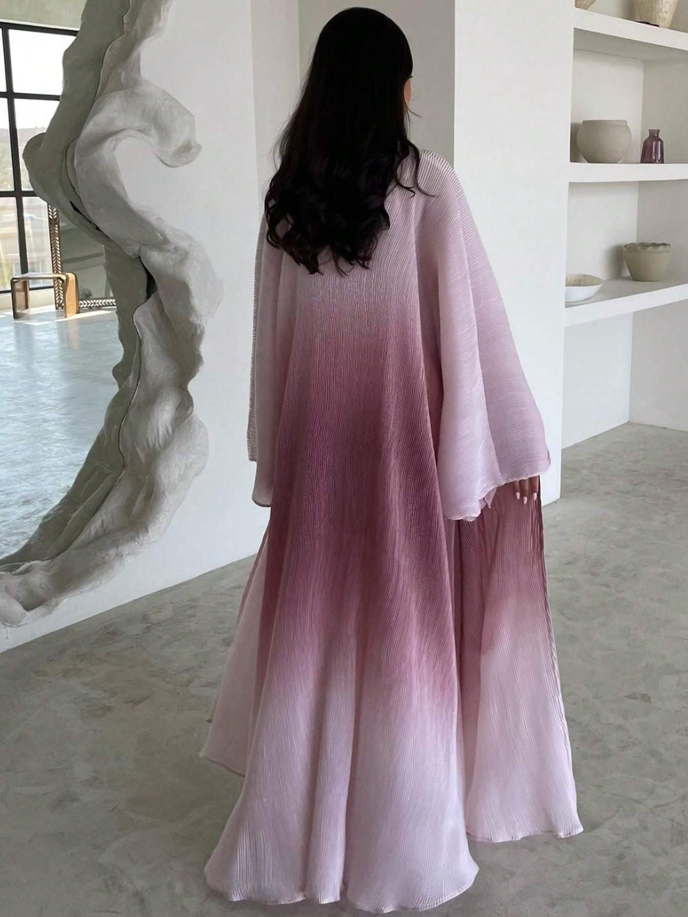Plus Size - 1pc Plus Size Women's Elegant Abaya - Long Sleeve, Ruffle Bell Sleeves, Loose Fit Floor-Length Kaftan Dress, Non-Stretch Fabric, All-Season Wear, Casual Weekend Outfit