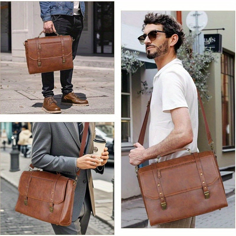 Men's 17 Inch High Quality Leather Laptop Messenger Bag - Retro Vintage Style with Multiple Compartments, Adjustable Shoulder Strap & Metal Hardware, Durable Satchel for Office