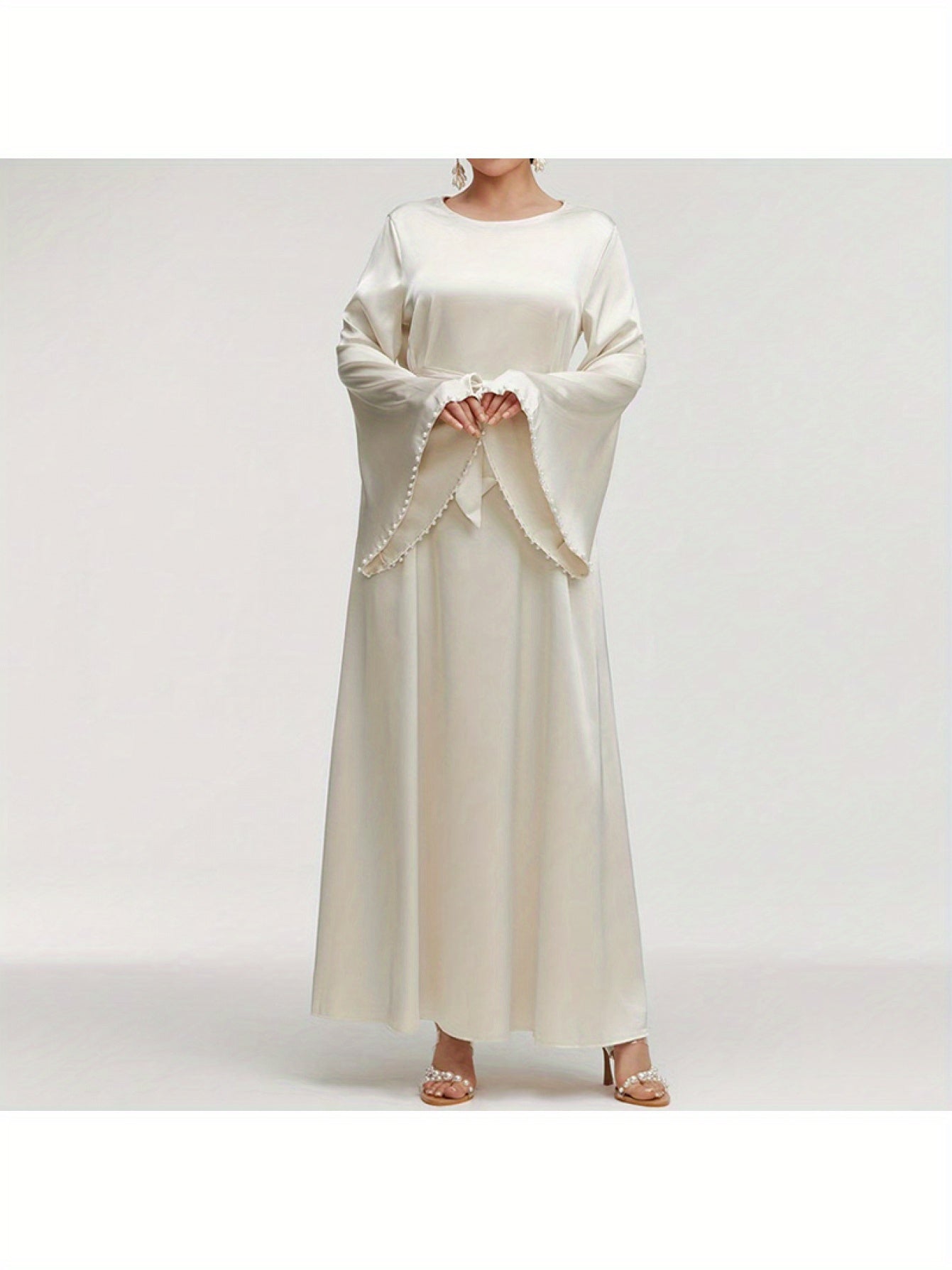 Elegant Round Neck Solid Color Flared Maxi Dress Long Sleeve with Pearl Cuff Detail, Modest A-Line Middle Eastern Turkish Abaya Party & Vacation Dress for Women