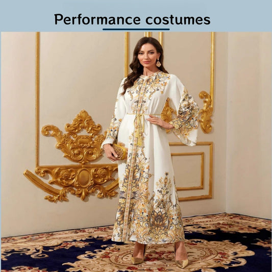 Women's Elegant Middle Eastern Dubai Baju Abaya Dress - Luxurious Golden Floral Print & Lace-like Sleeve Design, Floor-Length Evening Gown with Modest Coverage for Weddings