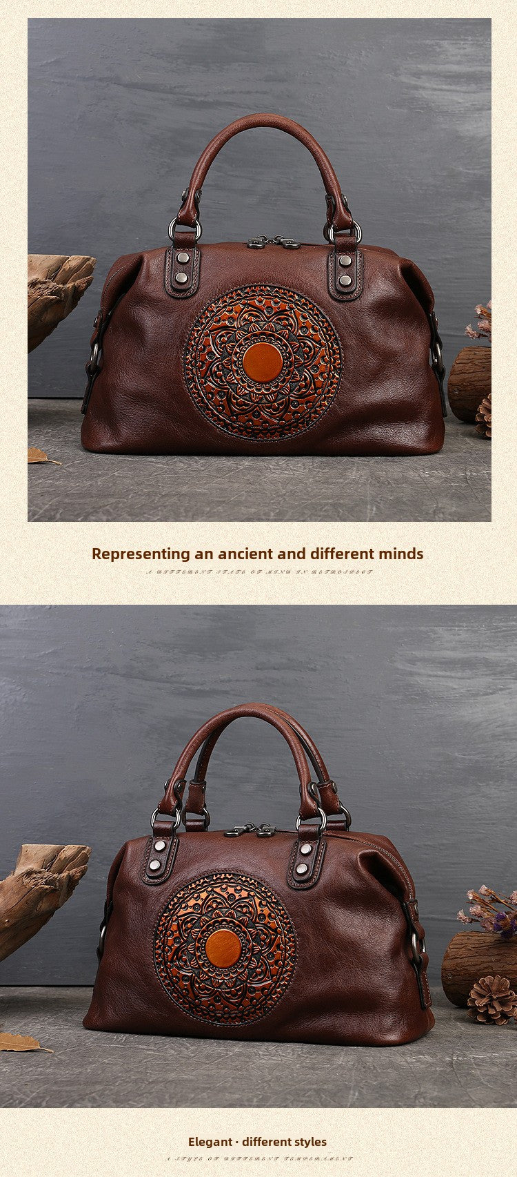 Women's Genuine Leather Satchel Business Handbag - Light Brown Geometric Retro Totem Design, Large Capacity Convertible Shoulder/Handbag with Adjustable Strap