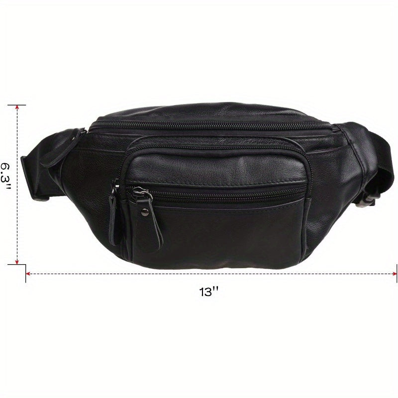 Genuine Napa Leather Cowhide Fanny Pack Belt Bag Organizer - Adjustable Strap up to 48", Multiple Zippered Compartments, Compact 10x5 Inch