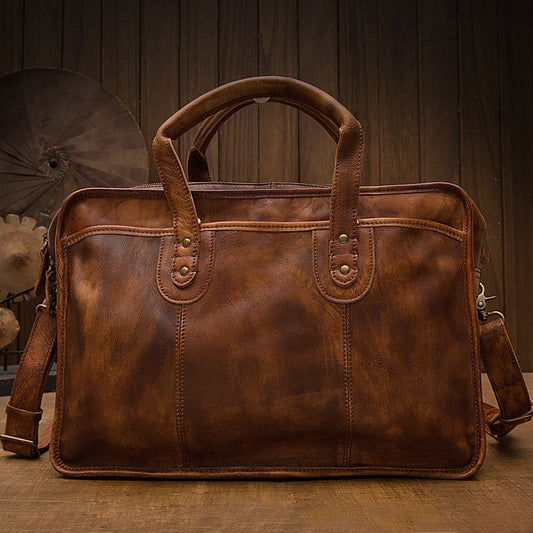Men's Vintage Genuine Cowhide Leather Briefcase - Crossbody Laptop Bag with Adjustable Strap, Multiple Compartments