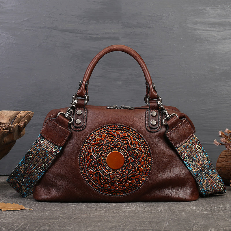 Women's Genuine Leather Satchel Business Handbag - Light Brown Geometric Retro Totem Design, Large Capacity Convertible Shoulder/Handbag with Adjustable Strap