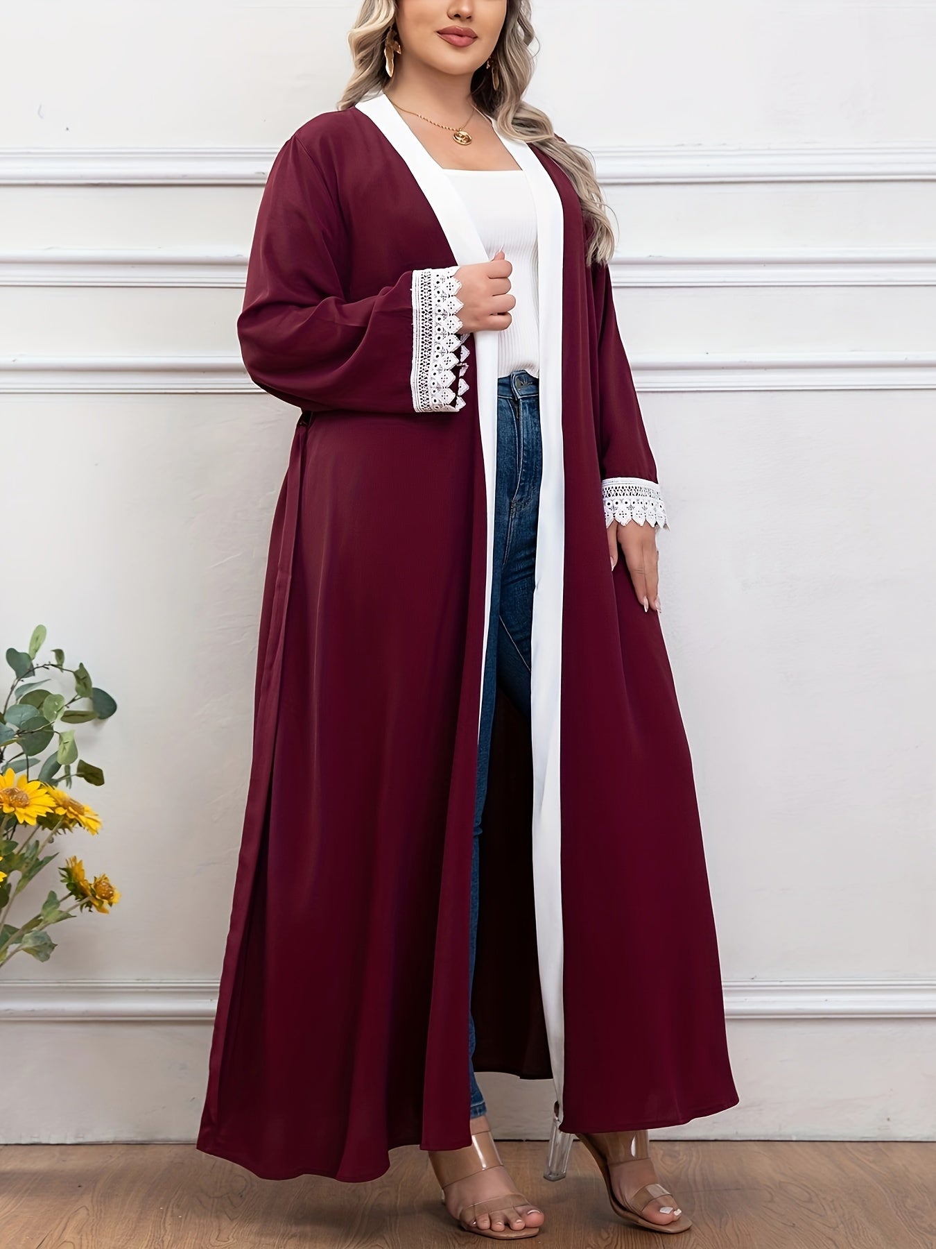 Plus Size Elegant Lace Trim Belted Kaftan Coverup - Stylish Open Front Abaya, Long Sleeve, Flowy Design, Comfortable Wear - Women's Plus Size Clothing for Beach, Pool, or Resort