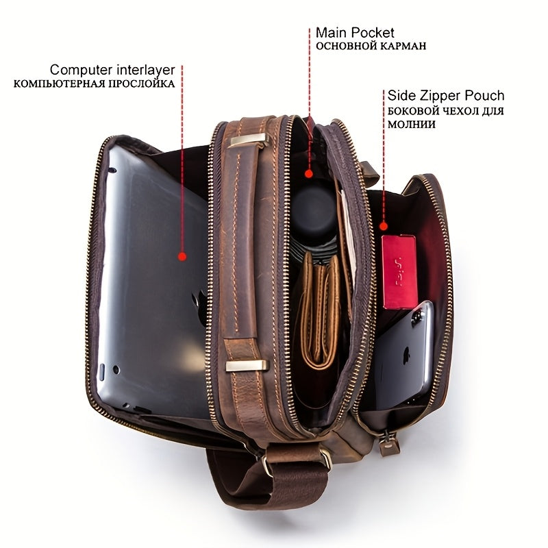 3 Color Vintage Leather Men'S Shoulder Bag Messenger Bag Crossbody Bag Handbag Zipper Pocket 9.7" Tablet Holder Gift