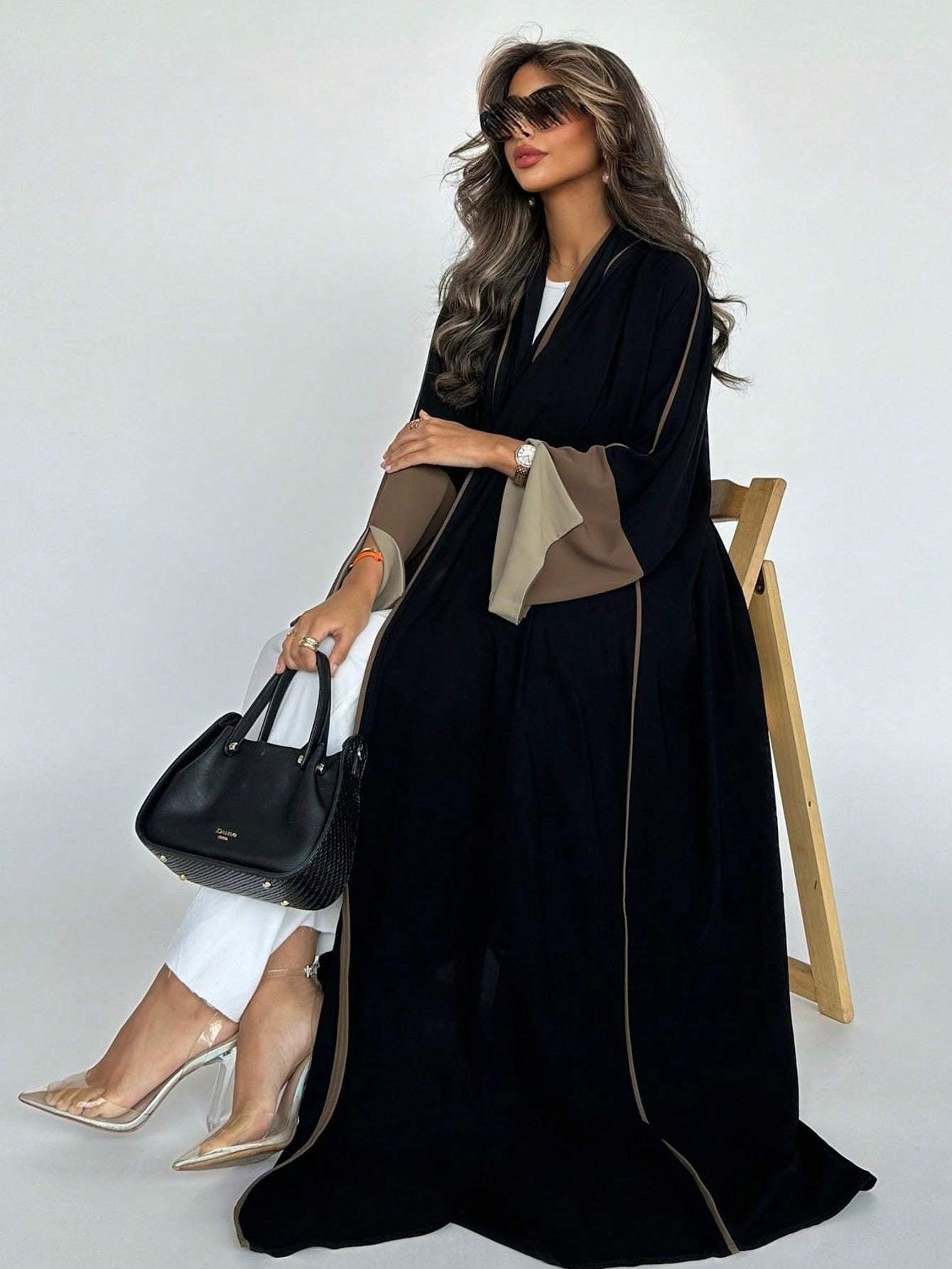Plus Size - 1pc Plus Size Women's Abaya Burqa - Elegant Color Block Design, Loose Fit Long Sleeve with Open Front, Black & Blue Geometric Pattern, Perfect for Festive Occasions