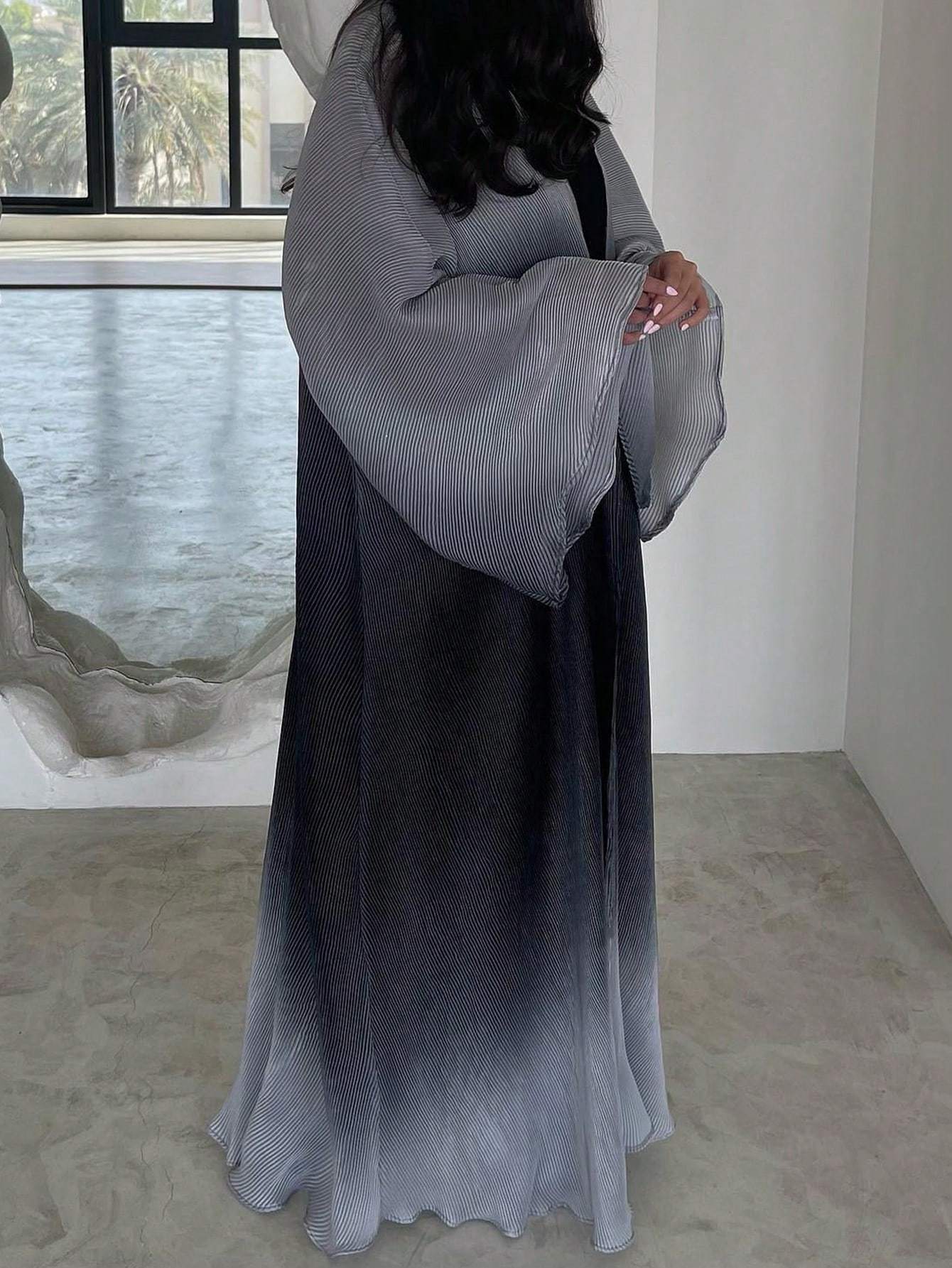 Plus Size - 1pc Plus Size Women's Elegant Abaya - Long Sleeve, Ruffle Bell Sleeves, Loose Fit Floor-Length Kaftan Dress, Non-Stretch Fabric, All-Season Wear, Casual Weekend Outfit