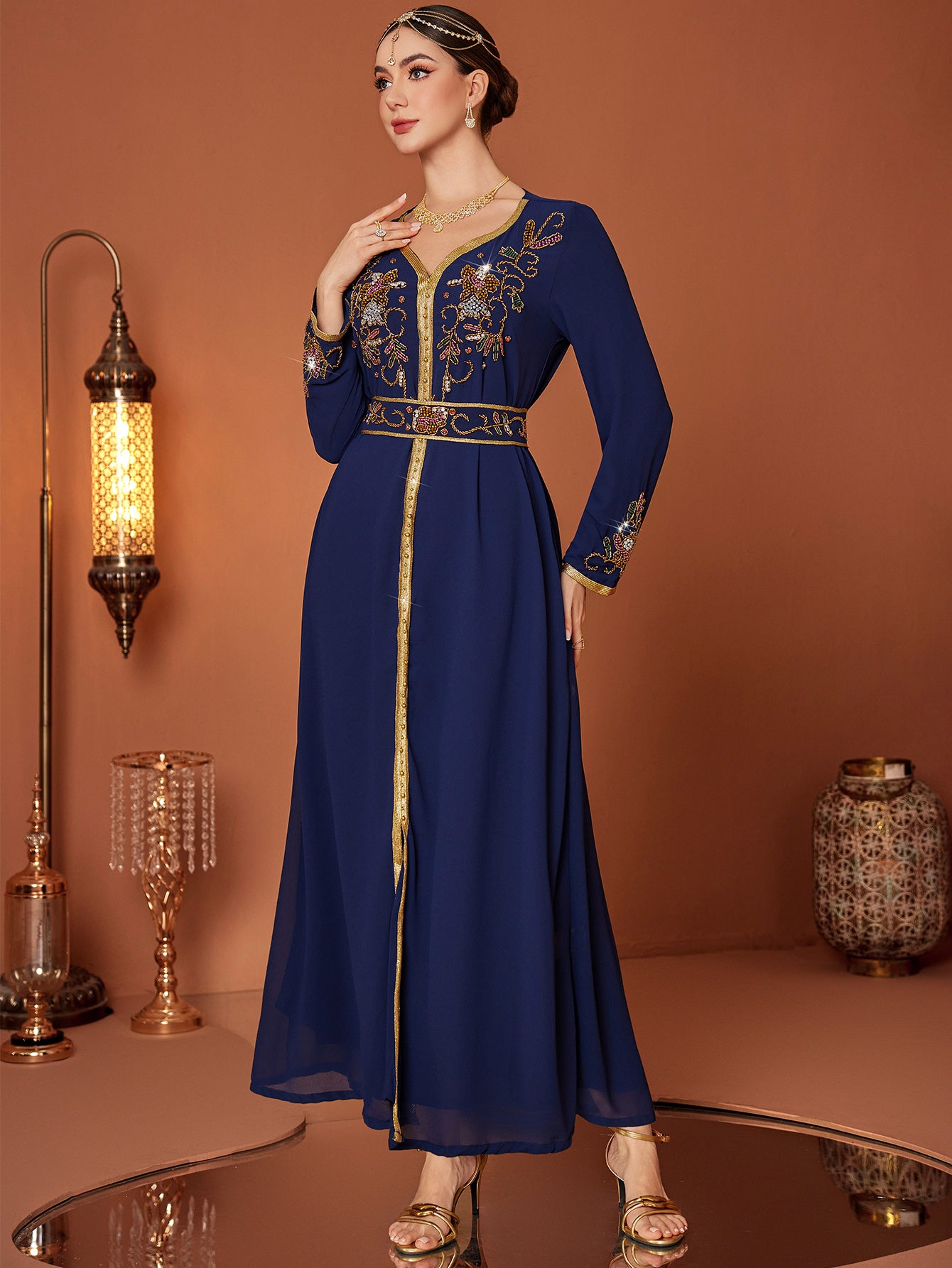 Elegant Navy Blue Embroidered Abaya Dress with Golden Accents and Belt - Long Sleeve, V-Neck, Polyester, Perfect for Spring/Summer, Women's Fashion, Elegant Event Attire|Vneck Dress|Polyester Fabric