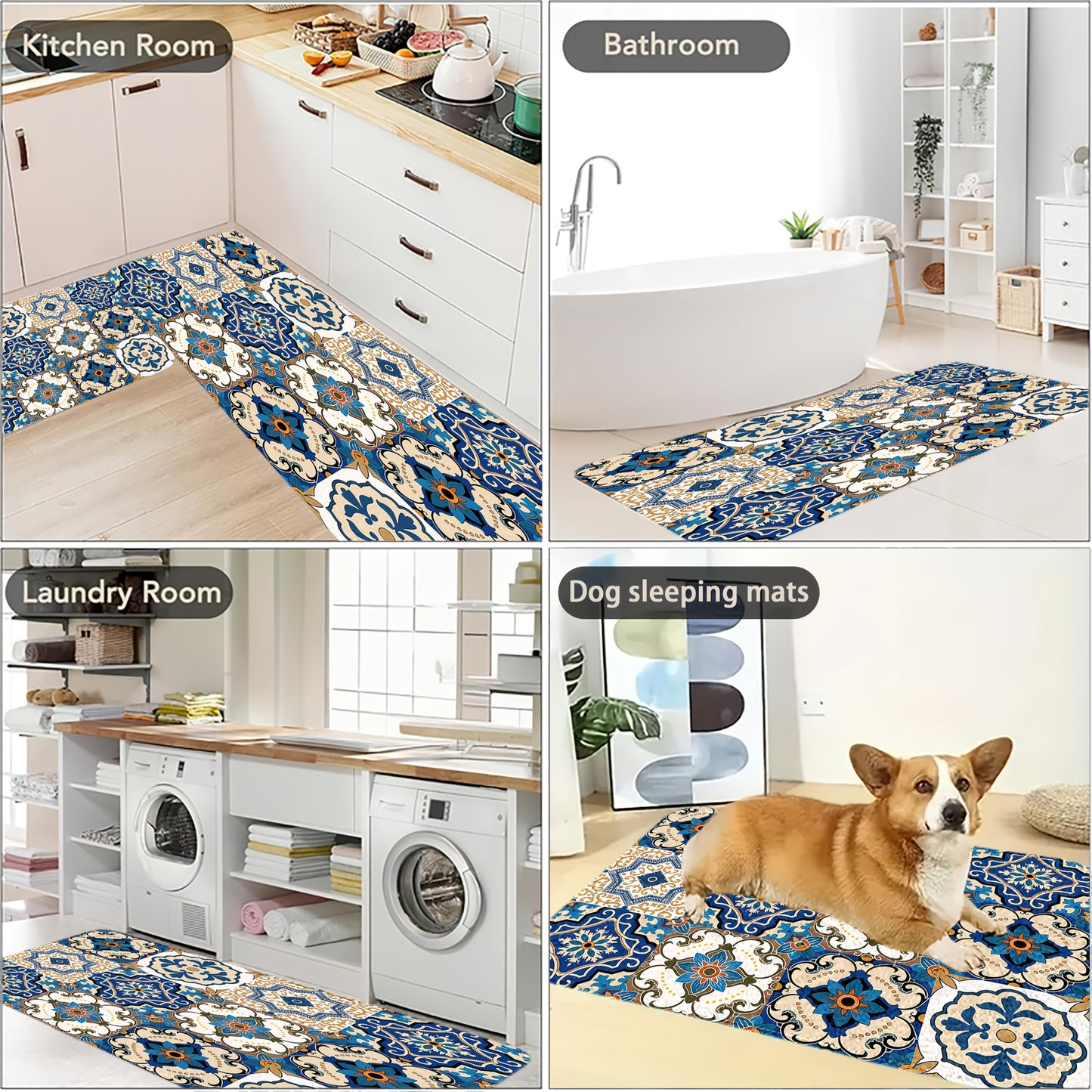 Sponge Thickness 10mm Density 18D Square Meter Weight 500g Set of 1/2/3 Kitchen Bathroom Rugs, Decorative Mats with Traditional Portuguese or Moorish