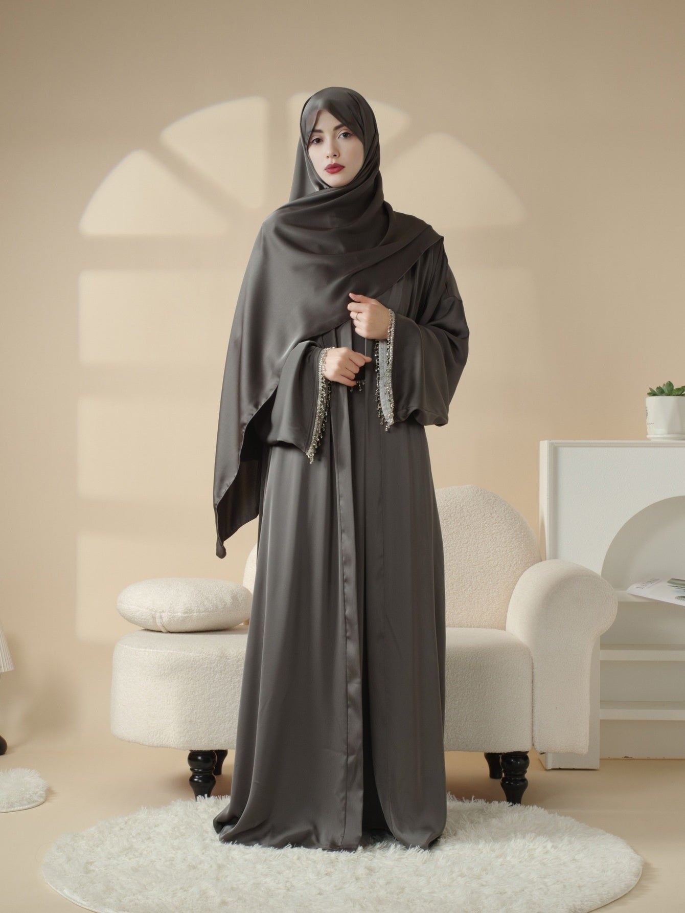 4pcs Satin Diamond Tassel Emirati Abaya Set Eid Al Adha, Abaya Muslim Women's Ramadan Iftar Eid Al Adha Iftar Holy Commemoration Prayer Garment Long Robe Gown Global Spring Summer