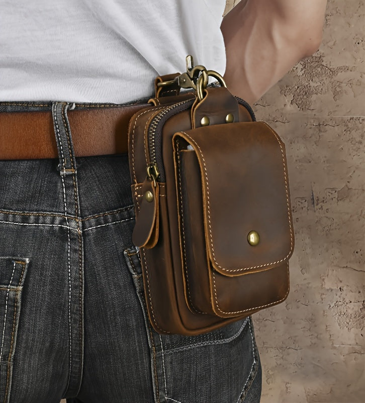 Men's Retro Genuine Leather Belt Bag - Anti-Theft Lightweight Belt Clip with Multiple Zippered Compartments for Phone & Essentials