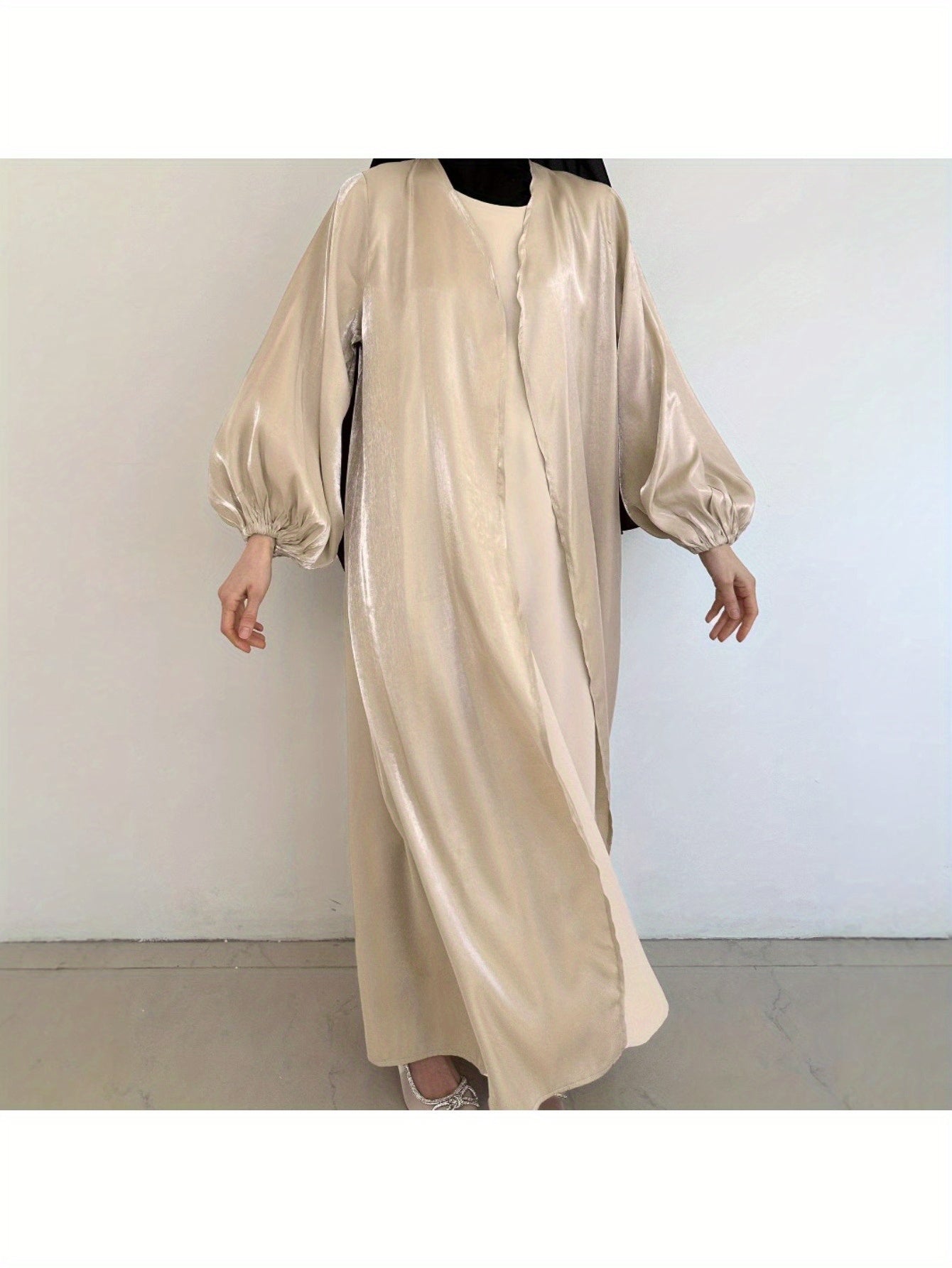 Plus Size, Middle Eastern Modest Muslim Fashionable Bright Silky Satin Solid Color Belt Bat Sleeve Arabic Abaya European and American Large Size Women's Clothing