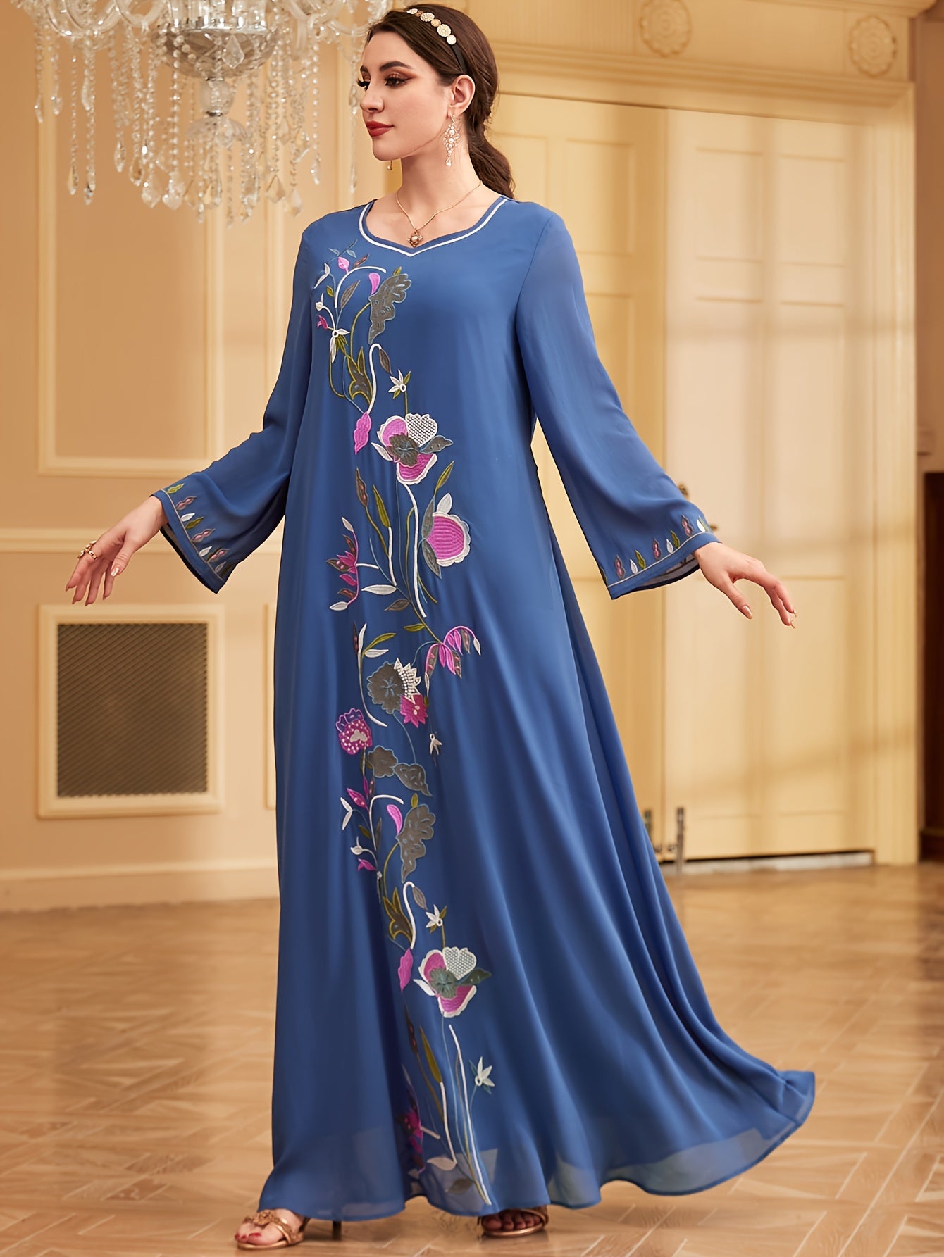 Elegant Embroidered Long Sleeve Maxi Baju Abaya - Polyester, Machine Washable, Non-Stretch Fabric for Women