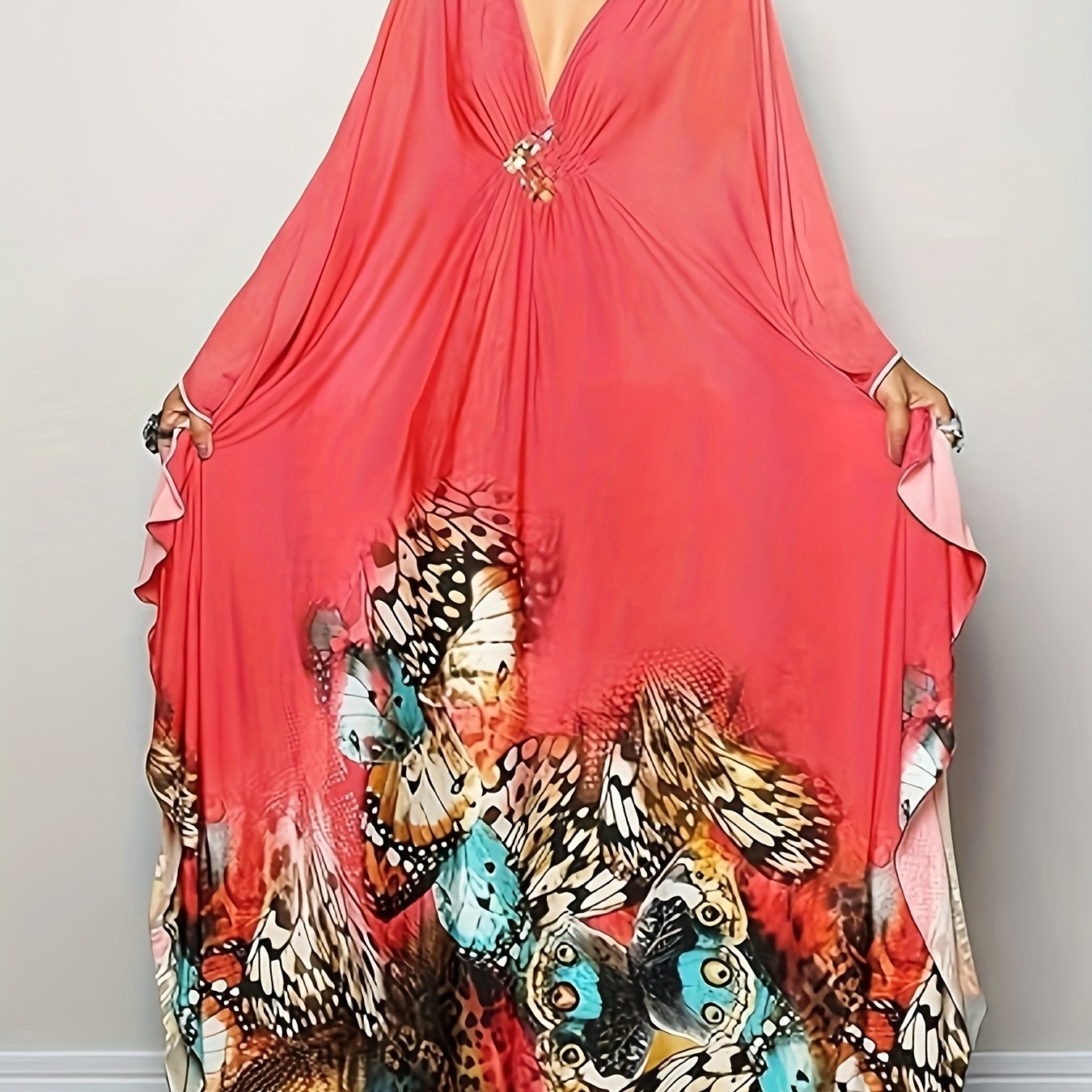 Plus Size, Women Ethnic Print Kaftan Beach Dress Plus Size Swimsuit Cover Up