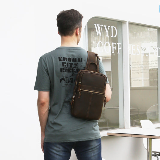 Vintage Full Grain Leather Sling Bag for Men, Crossbody Shoulder Chest Travel Hiking Daypacks Bag for 11 inch iPad, Brown