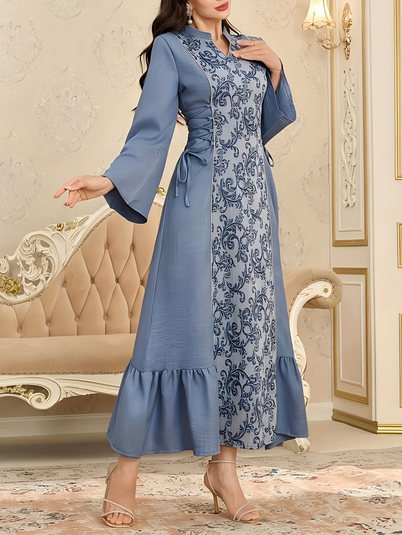 Elegant Middle Eastern-Inspired Women's Baju Abaya with Stand-Up Collar & Adjustable Waist Tie - Sleeve Solid Color Traditional Attire, Machine Washable for All-Season Wear