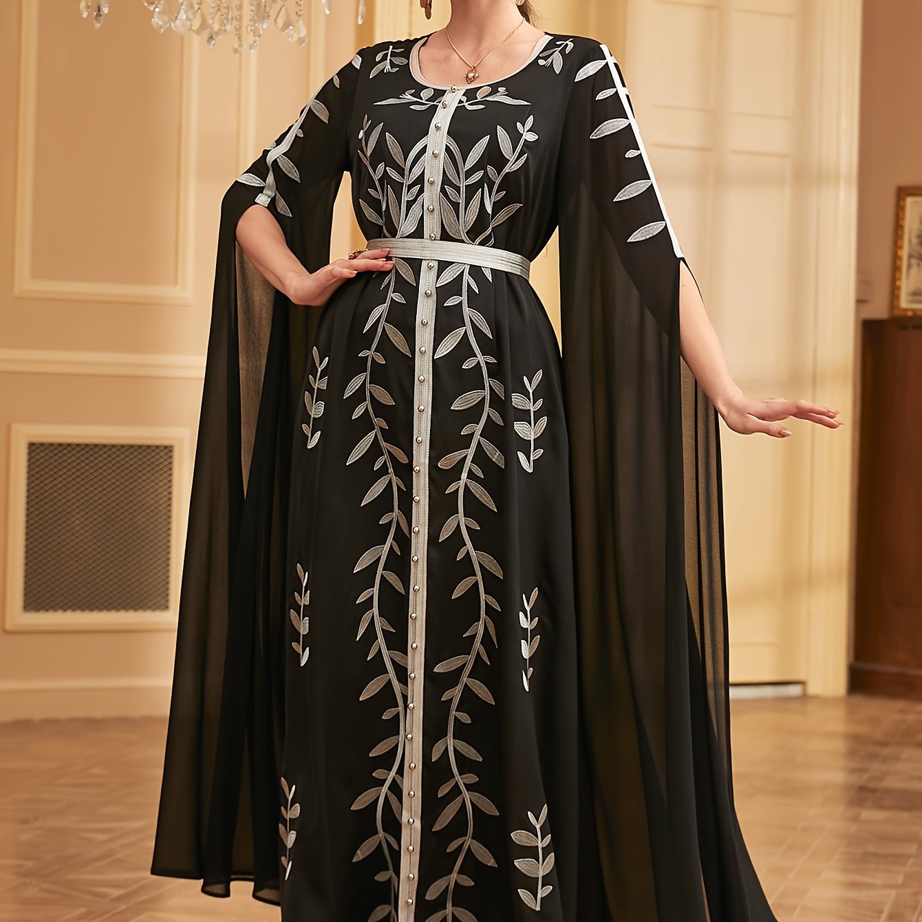 Middle Eastern-Inspired Embroidered Burgundy A-Line Kaftan Abaya with Ultra-Long Sleeves, Cinched Waist & Exaggerated Hem - Machine Washable Formal & Casual Elegance, Special Occasion