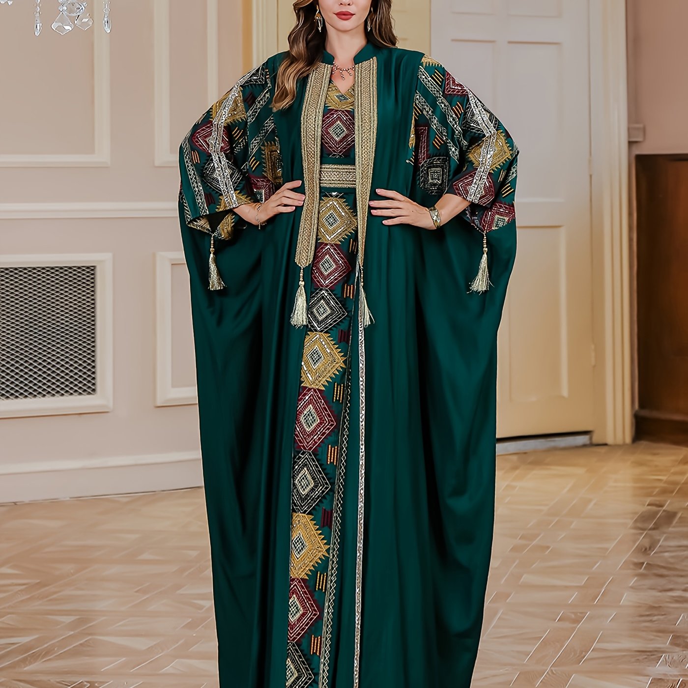 Elegant Middle Eastern Muslim Two-Piece Set - Stylish and Comfortable Design, Perfect for Daily Wear, INS Middle Eastern Pakistani Abaya Muslim Embroidered Long Robe Abaya Light Luxury