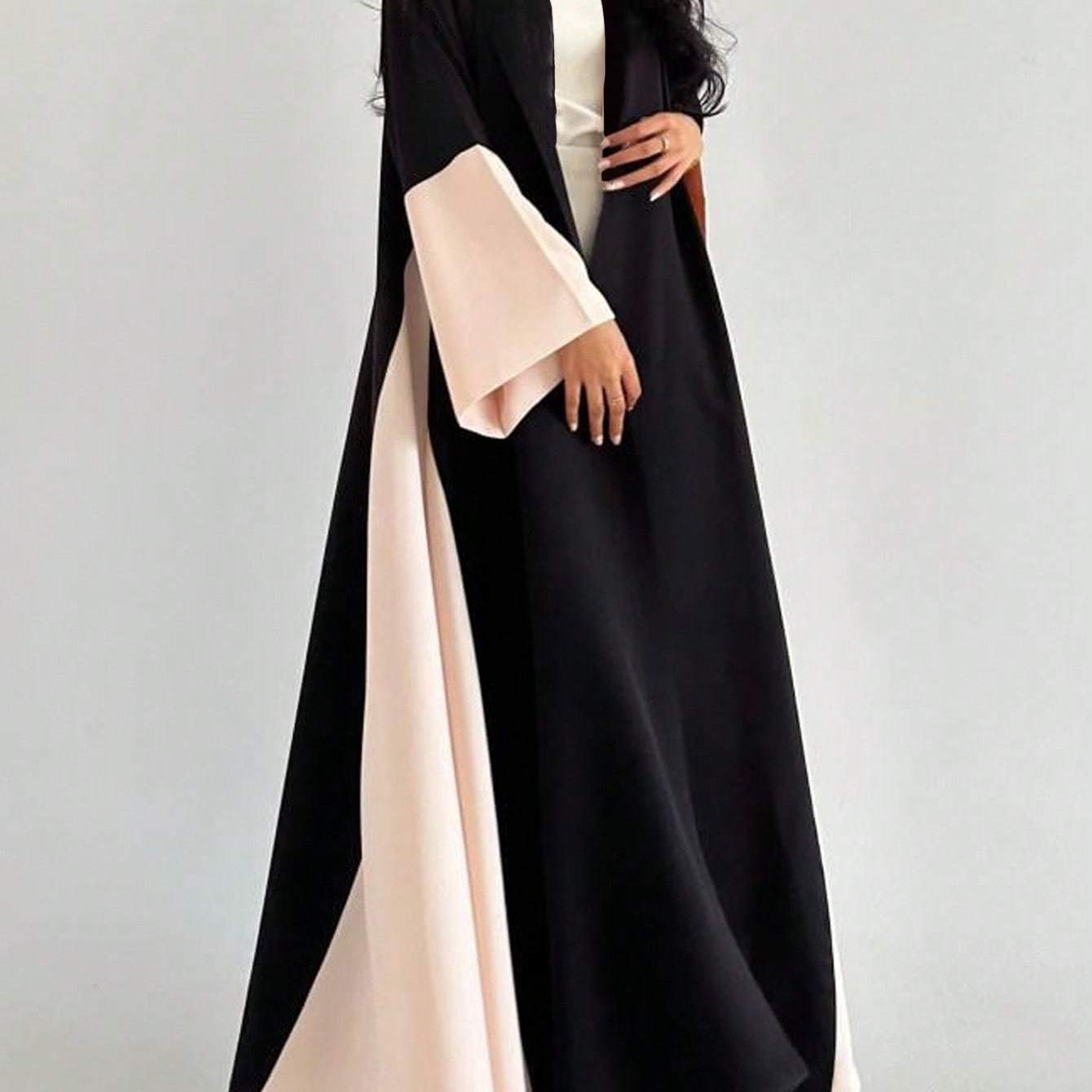 Women's Elegant Black & Beige/ Pink Two-Tone Abaya Burqa - Loose Fit Long Sleeve Maxi Dress, Non-Stretchy Islamic Gown for Everyday & Special Occasions, All-Season Muslim Formal Attire
