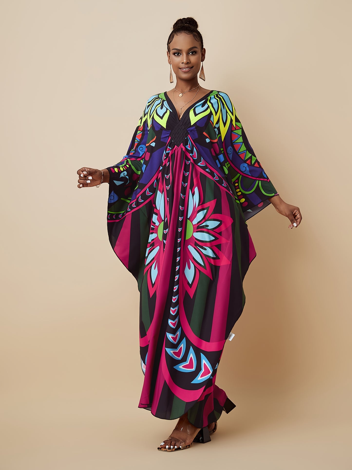 Plus Size - V-neck Kaftan Slit Women's Dress Party Outfit Summer Cover Up Dress Onesize Butterfly Abaya