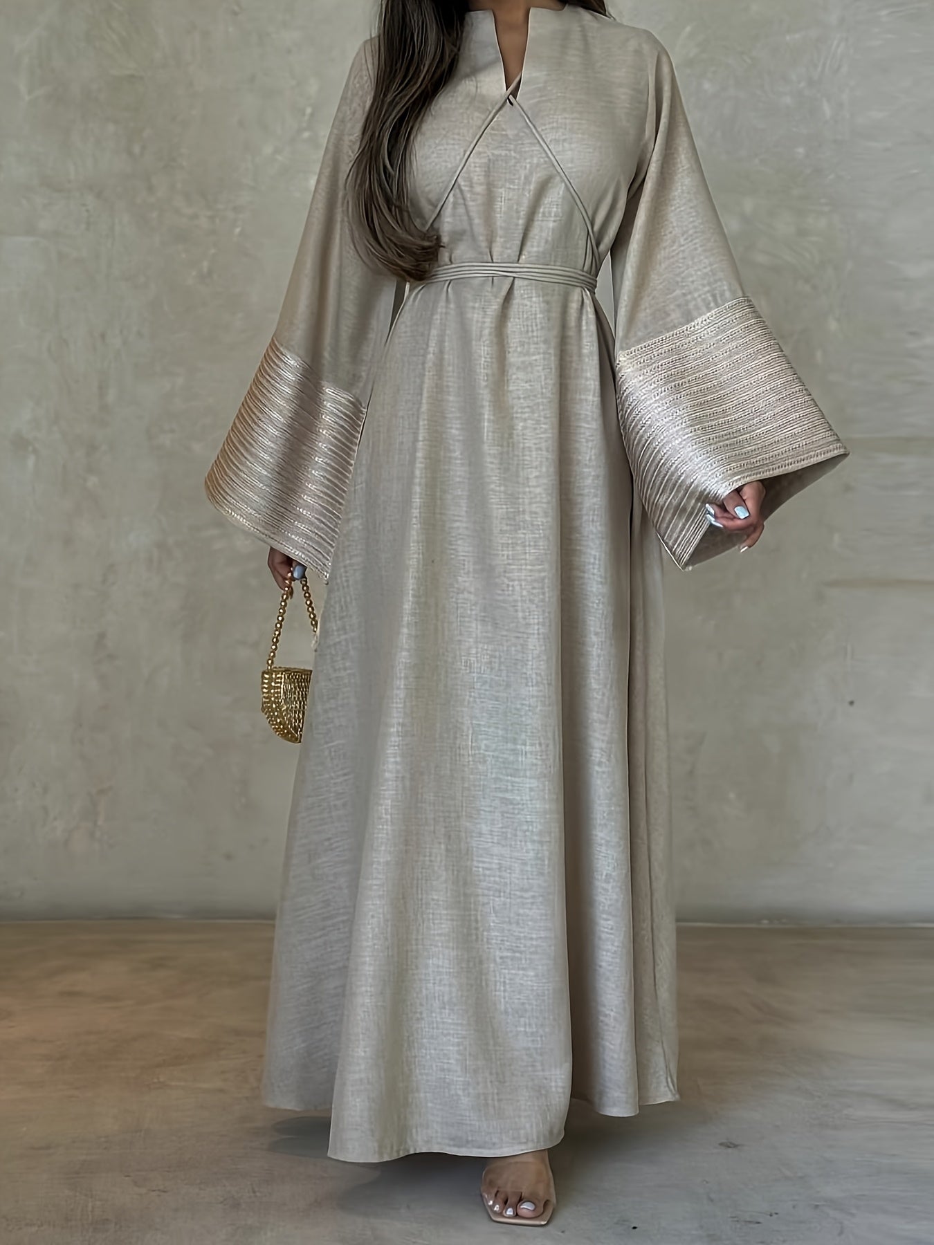 Women's Kaftan Dress Patchwork Floral Print Arabic Abaya Robe Long Sleeve Round Neck Loose Dress