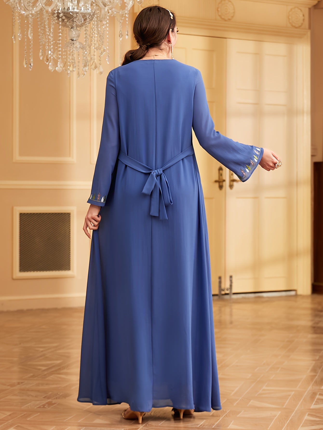 Elegant Embroidered Long Sleeve Maxi Baju Abaya - Polyester, Machine Washable, Non-Stretch Fabric for Women