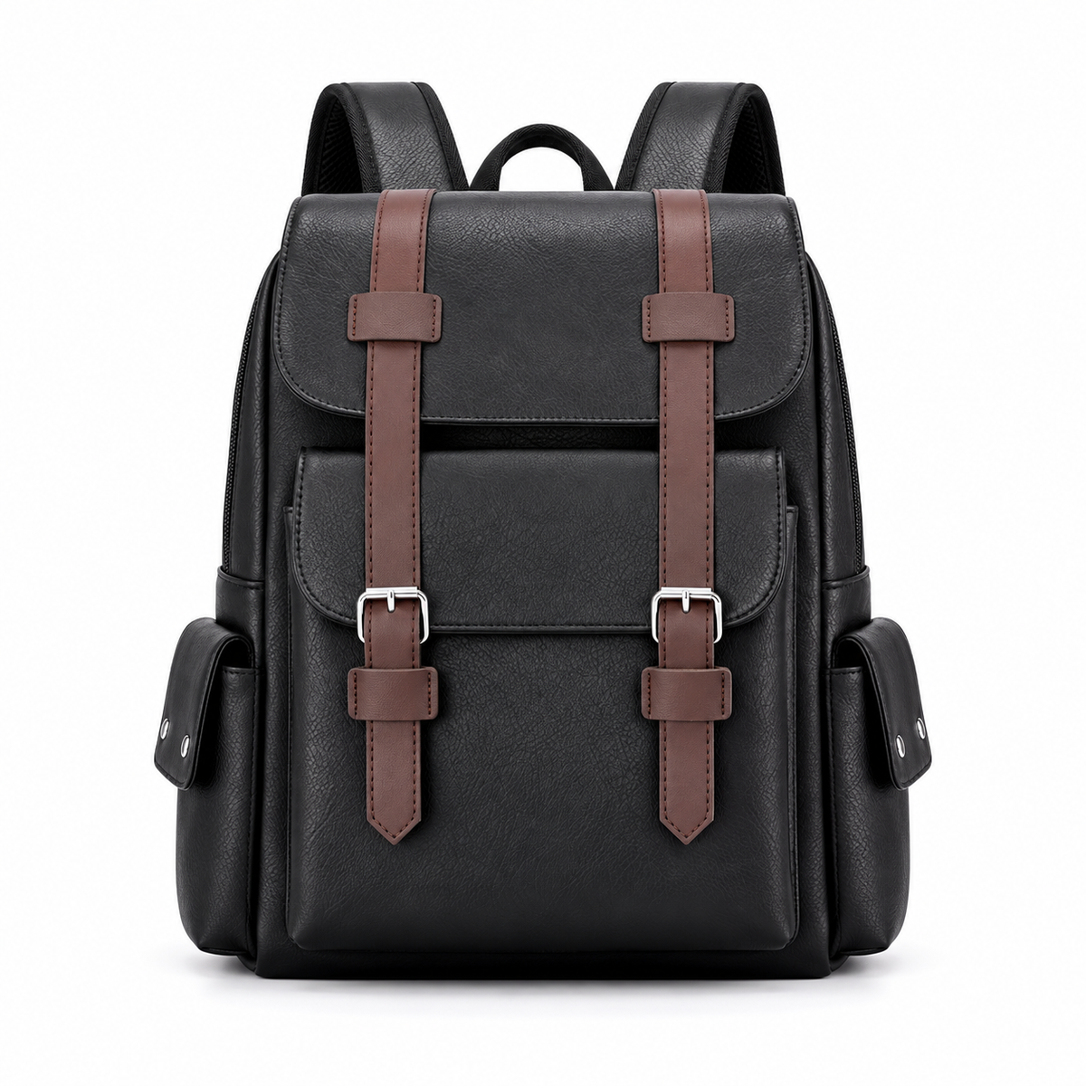 Black Vintage Backpack With Brown Straps